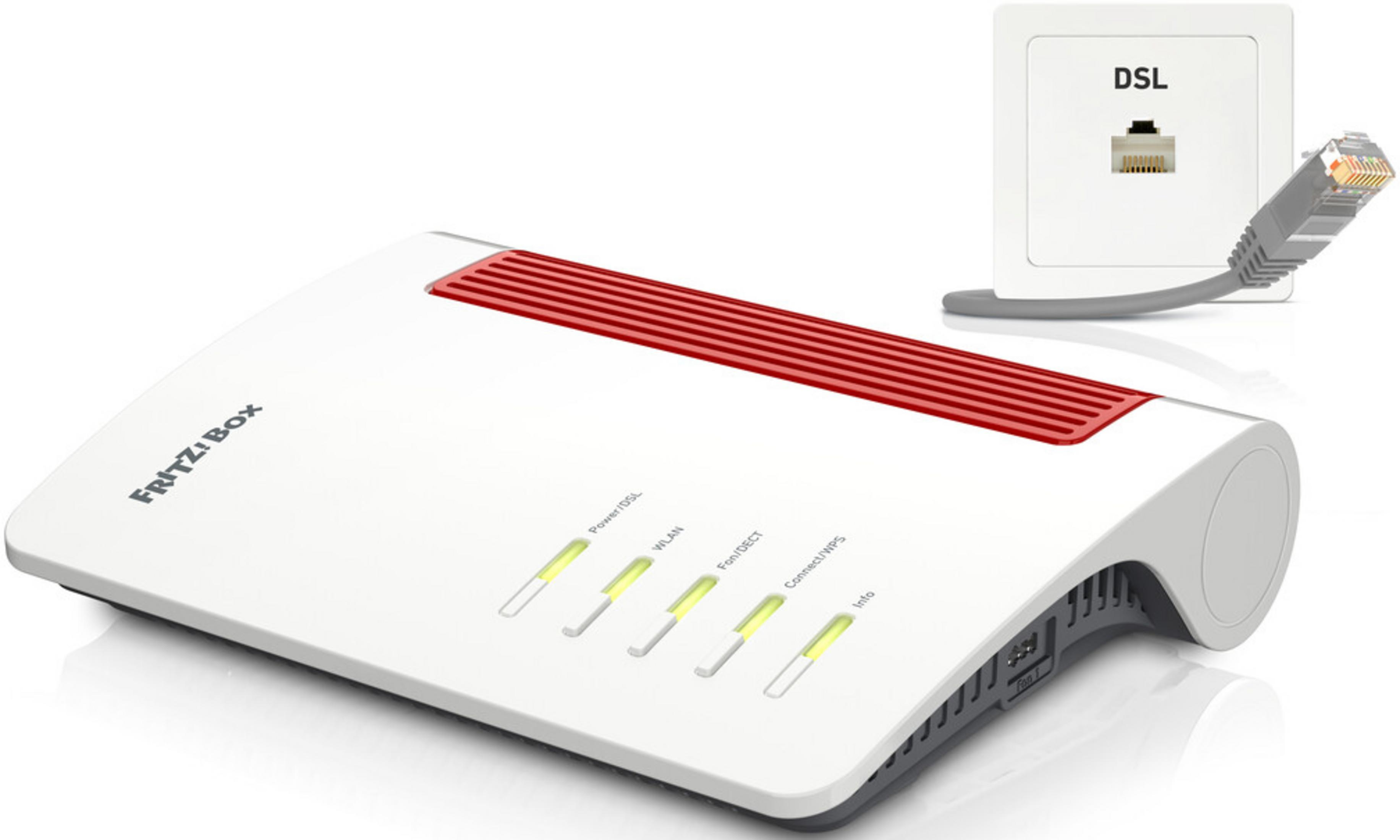 Biały router FRITZ!Box z czerwonymi otworami wentylacyjnymi i diodami, obok gniazda DSL.