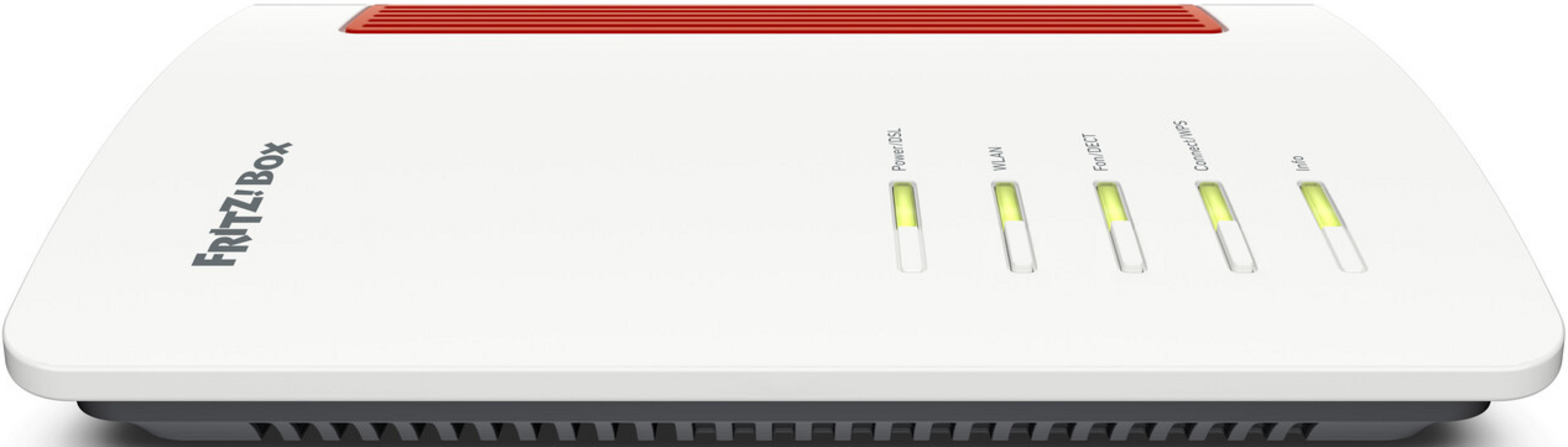 Biały router Fritz!Box z czerwonymi otworami wentylacyjnymi i podświetlonymi wskaźnikami.