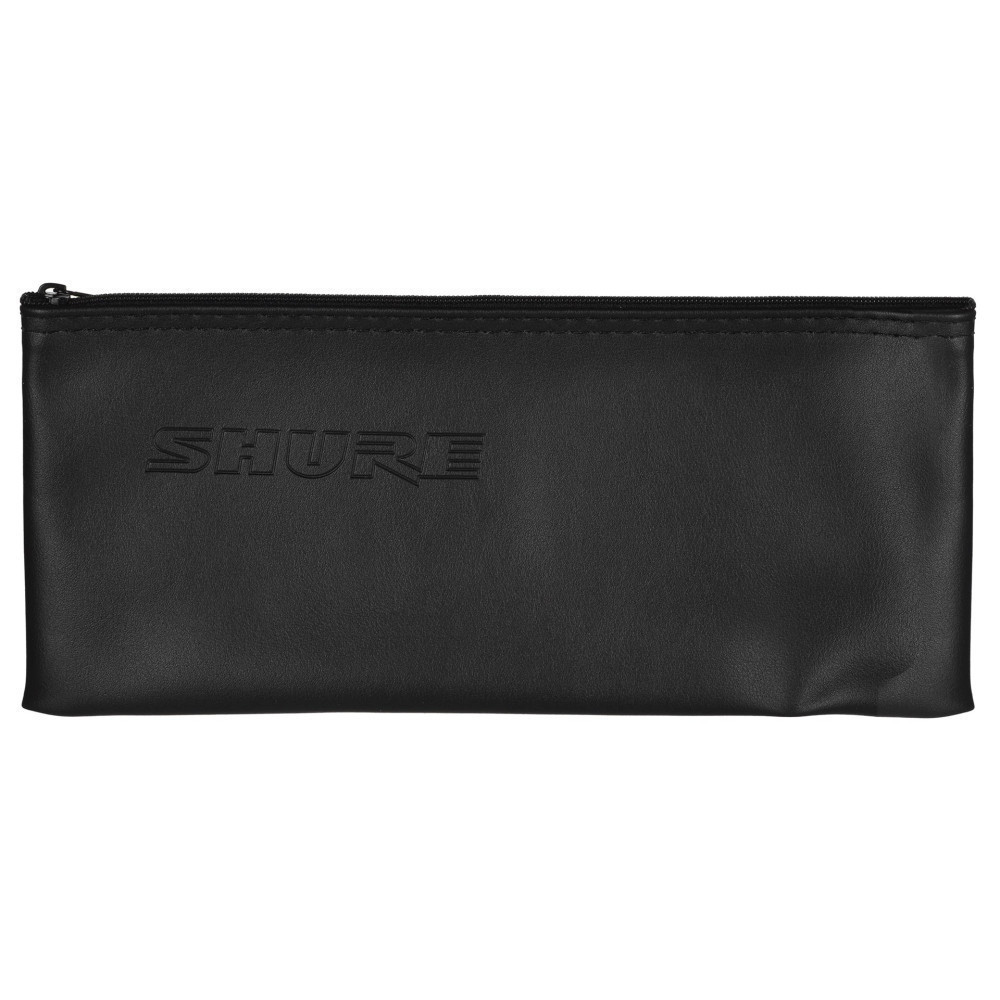 Czarna skórzana saszetka z zamkiem i wytłoczonym logo Shure.