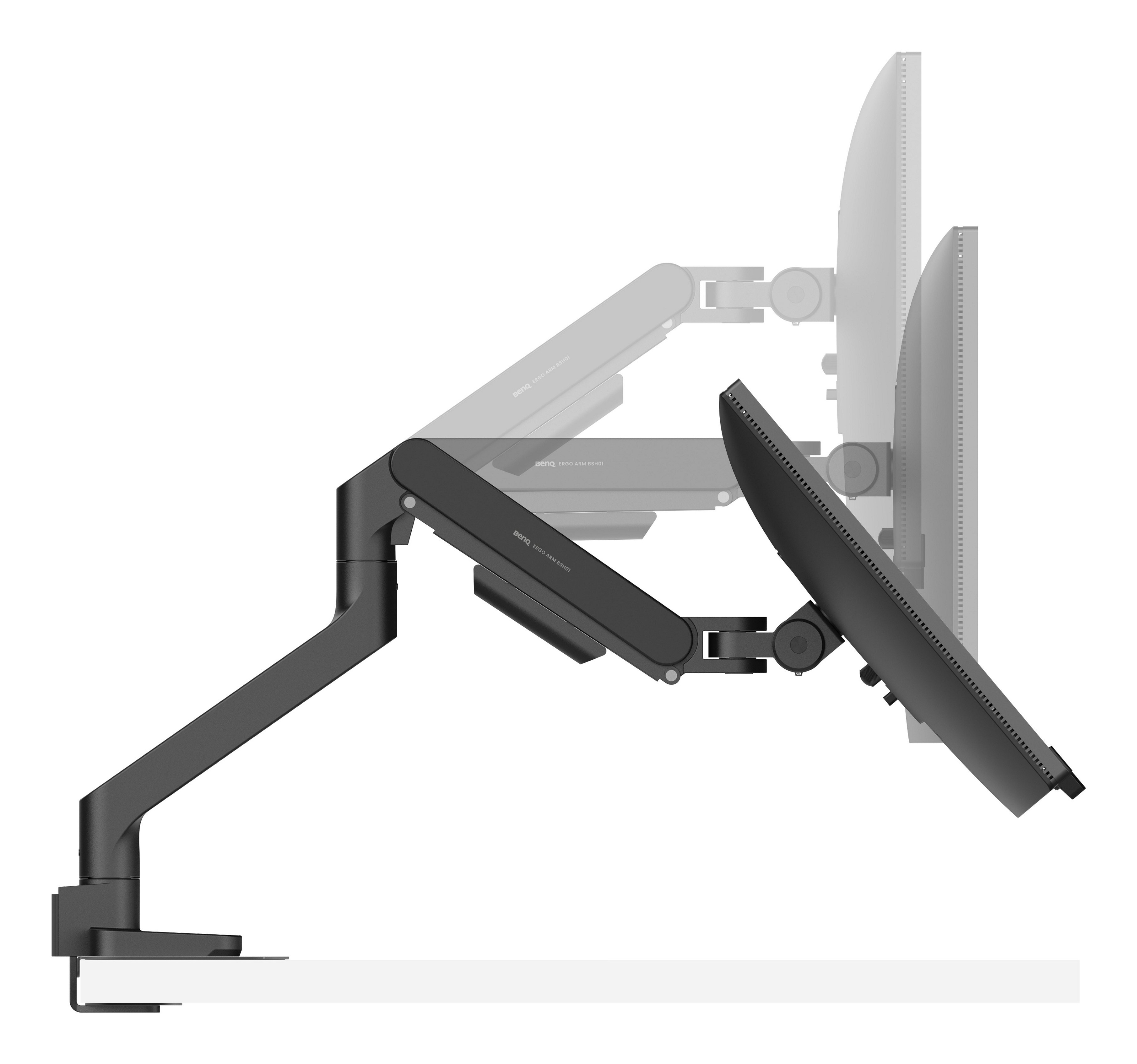 Een zwarte monitorarm met twee monitoren op een plank.