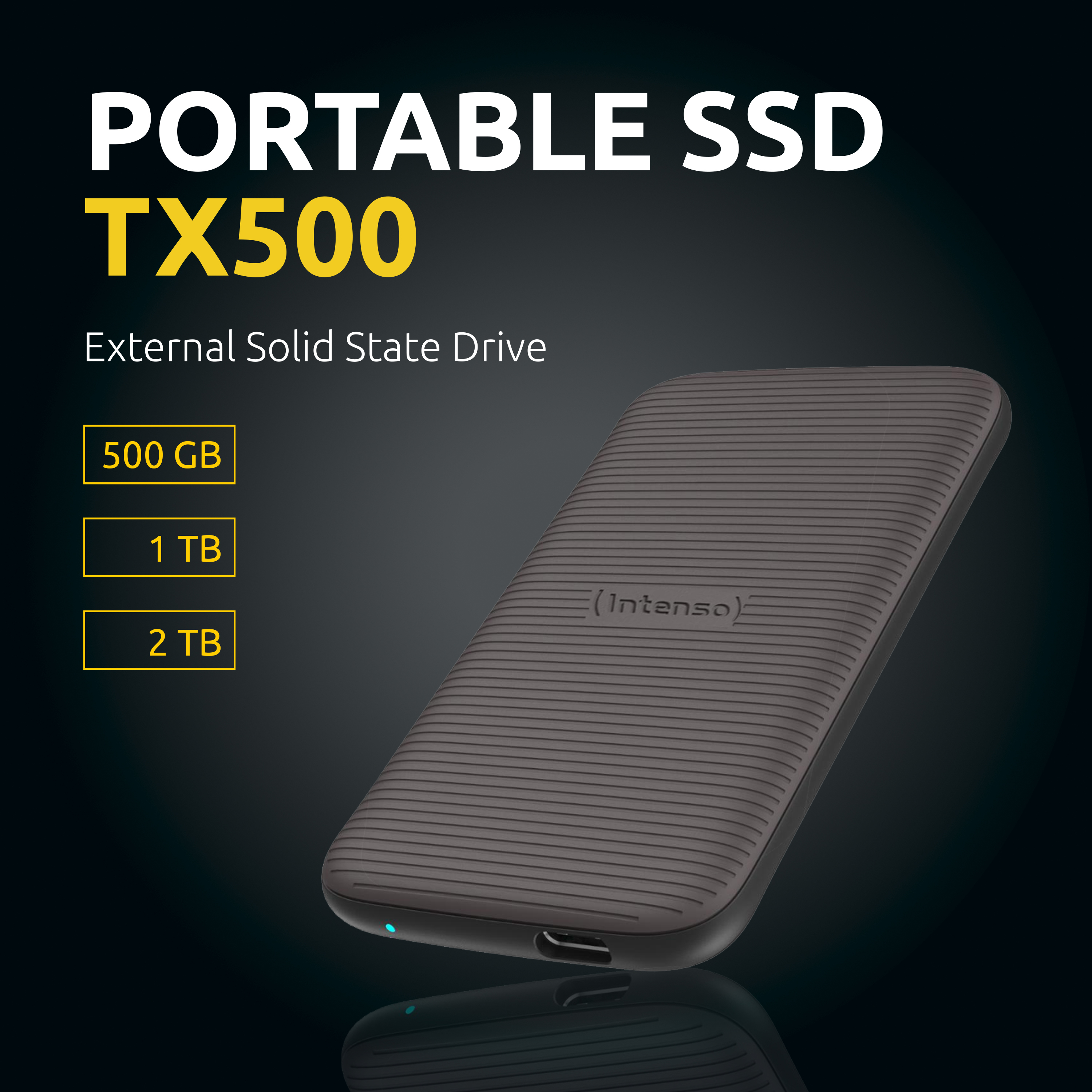 Ciemnoszary przenośny SSD TX500 z prążkowaną teksturą i logo Intenso.