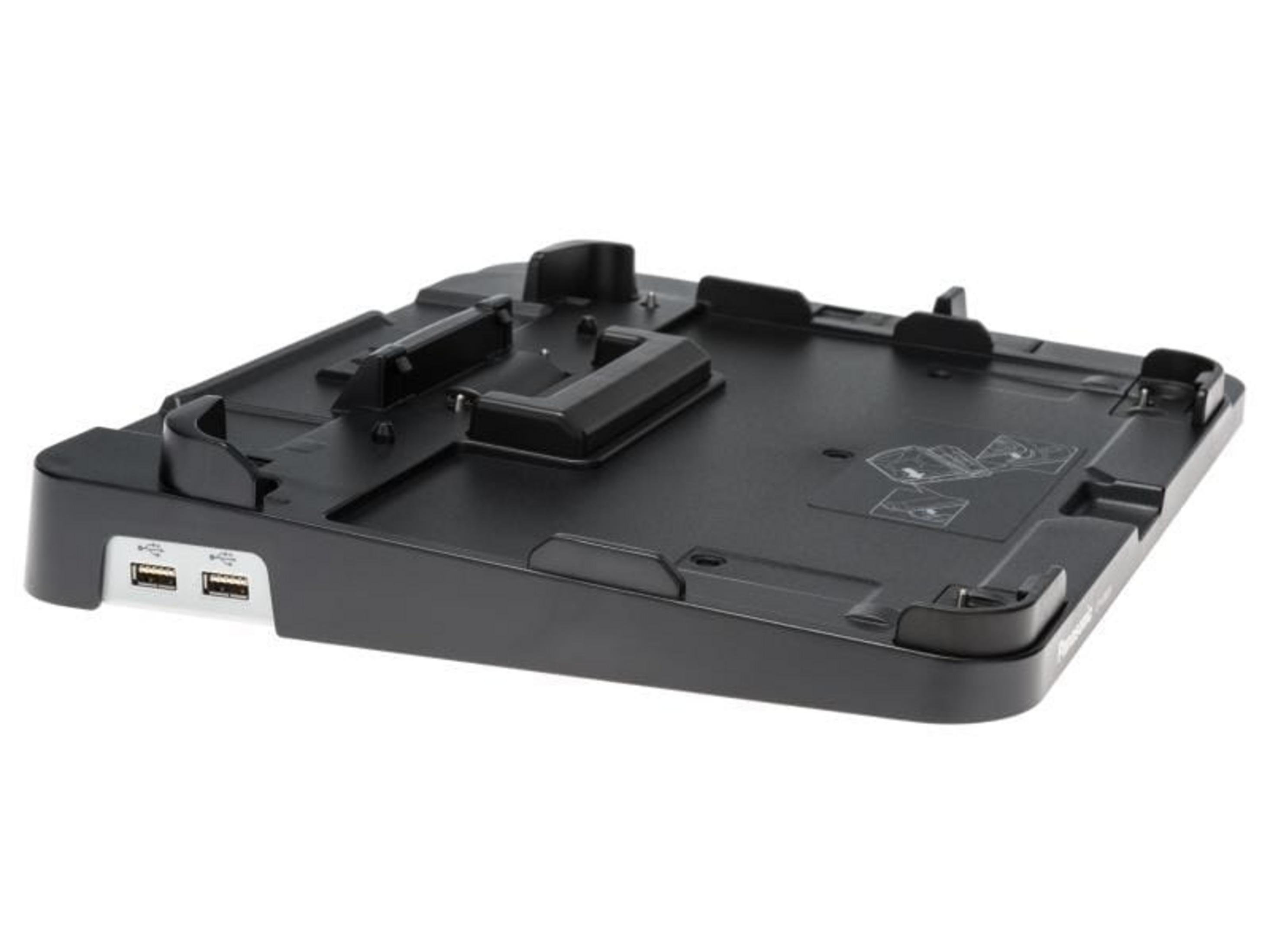 Schwarzer Laptop-Dockingstation mit zwei USB-Anschlüssen und Halterungen.