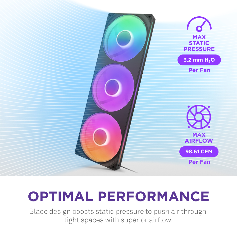 Trois ventilateurs RVB affichent "PERFORMANCE OPTIMALE" avec spécifications de pression et débit d'air.