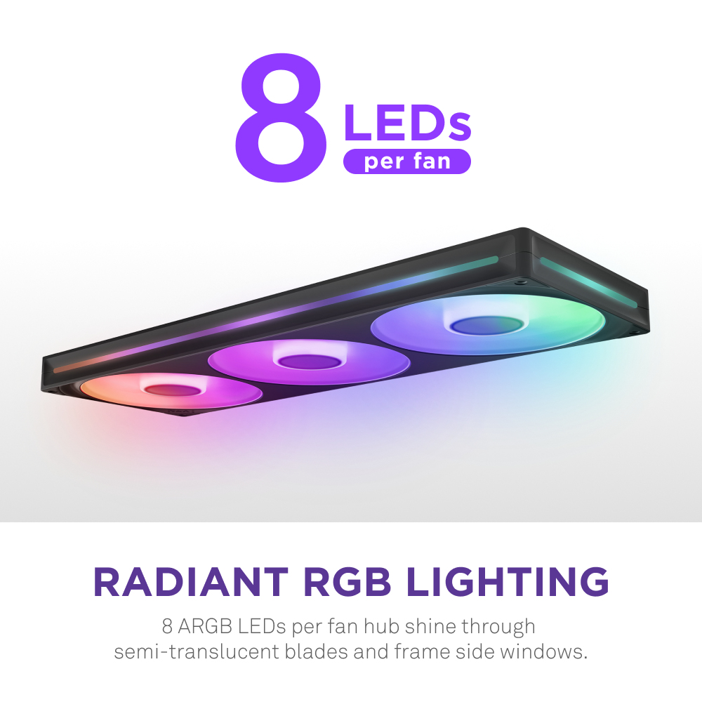 Un ventilateur noir avec 3 pales rotatives, éclairé par des LED RVB.