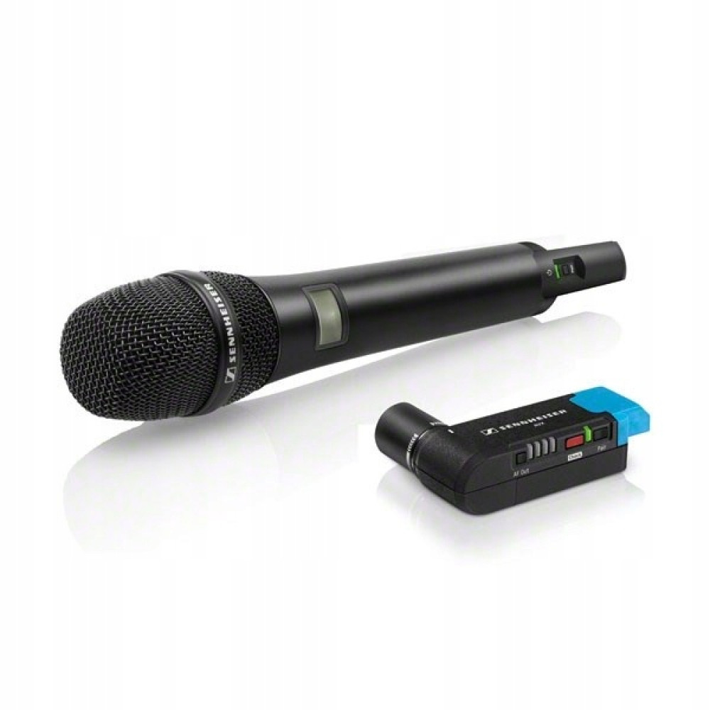 Czarny mikrofon bezprzewodowy i odbiornik z niebieską anteną na białym tle.