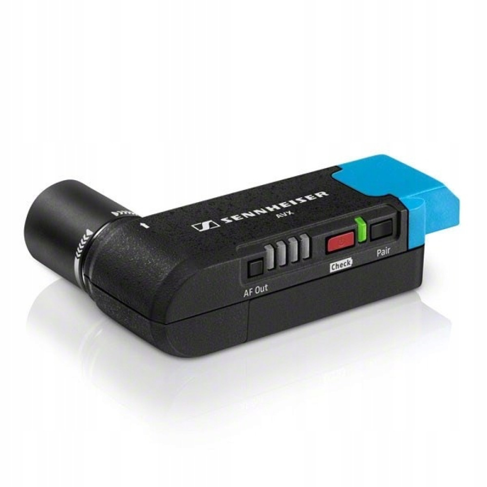 Nadajnik Sennheiser AVX czarny z niebieskim końcem, przyciskami i światłami.
