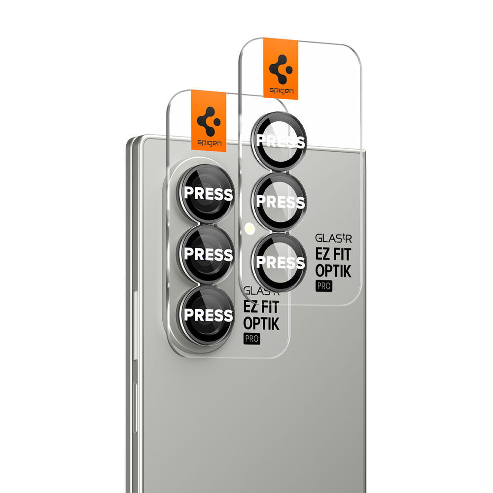 Protezioni schermo fotocamera Spigen su smartphone argentato.