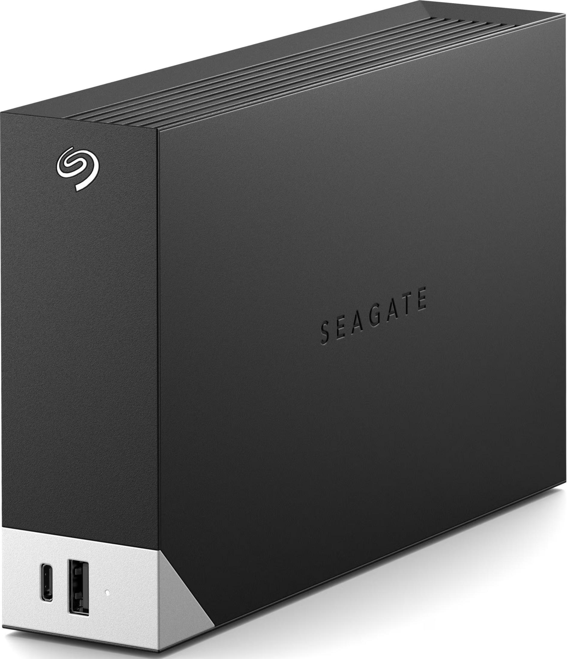 Czarny zewnętrzny dysk Seagate z portami USB-C i USB-A z przodu.