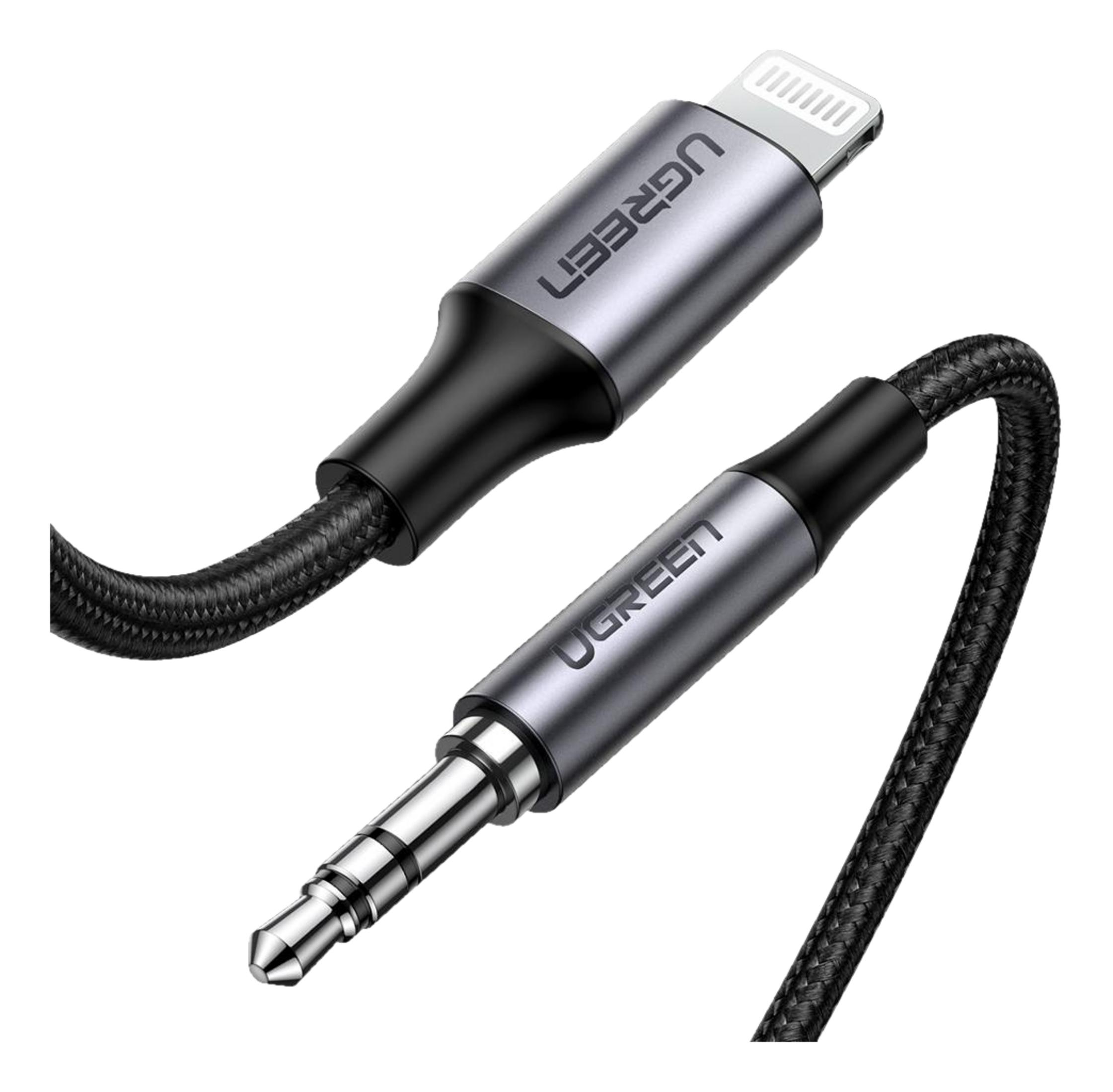 Kabel UGREEN Lightning do jack 3,5 mm z czarnym plecionym przewodem.