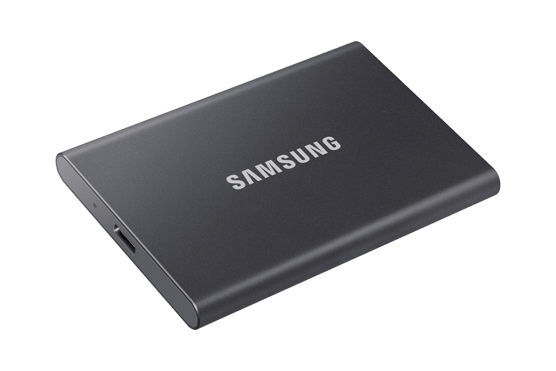 Dunkelgraues Samsung SSD mit USB-C-Anschluss.