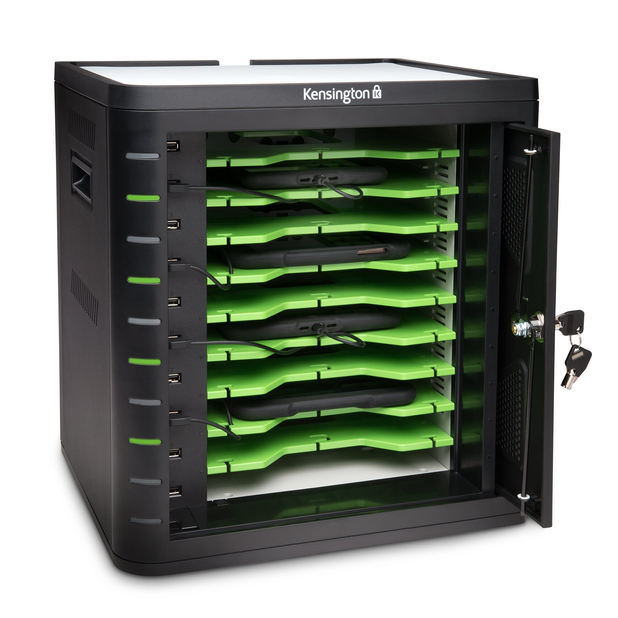 Czarna szafka do ładowania i przechowywania z zielonymi półkami, niektóre z urządzeniami.