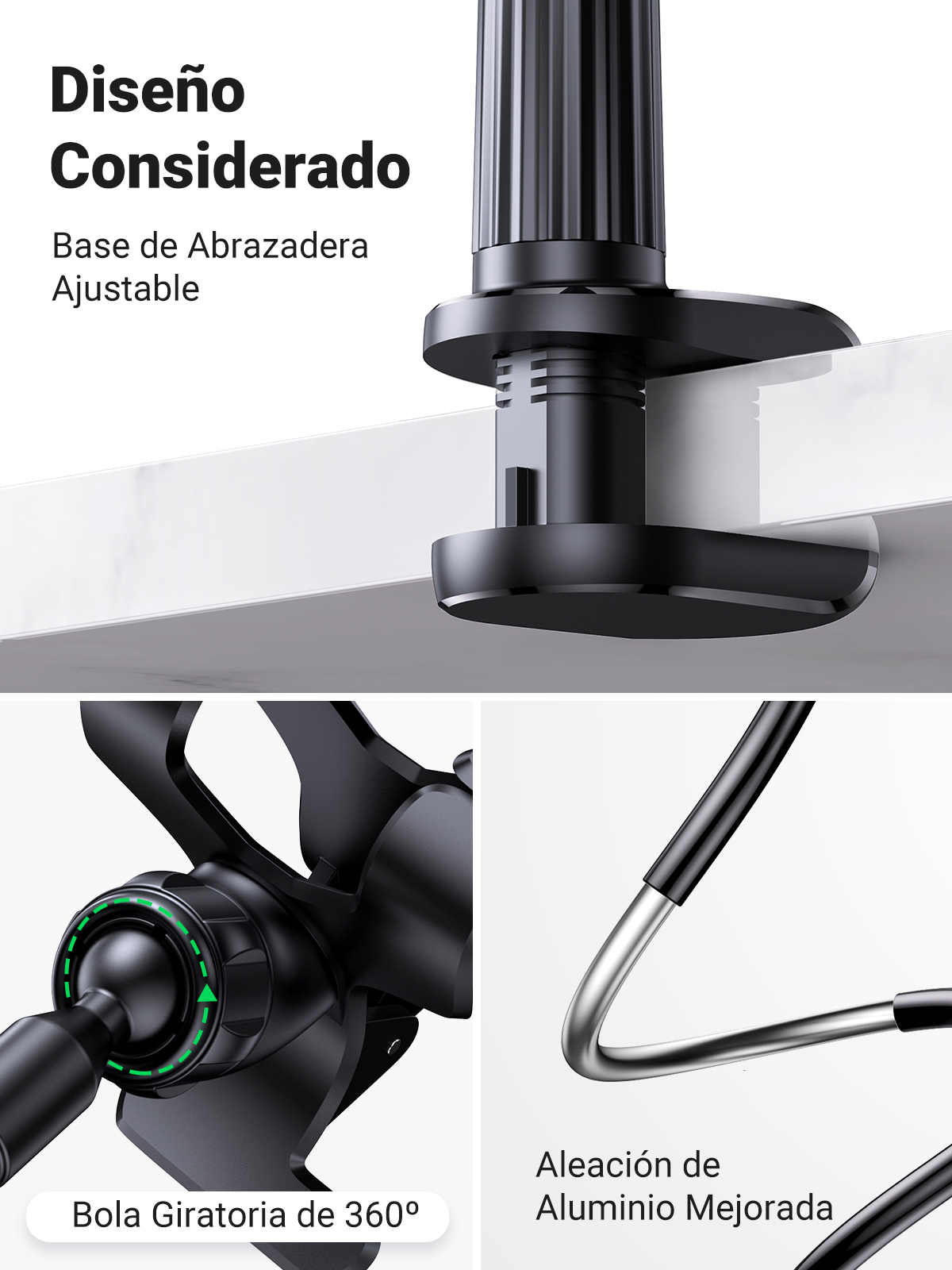 Czarny regulowany zacisk z przegubem kulowym i stopem aluminium.