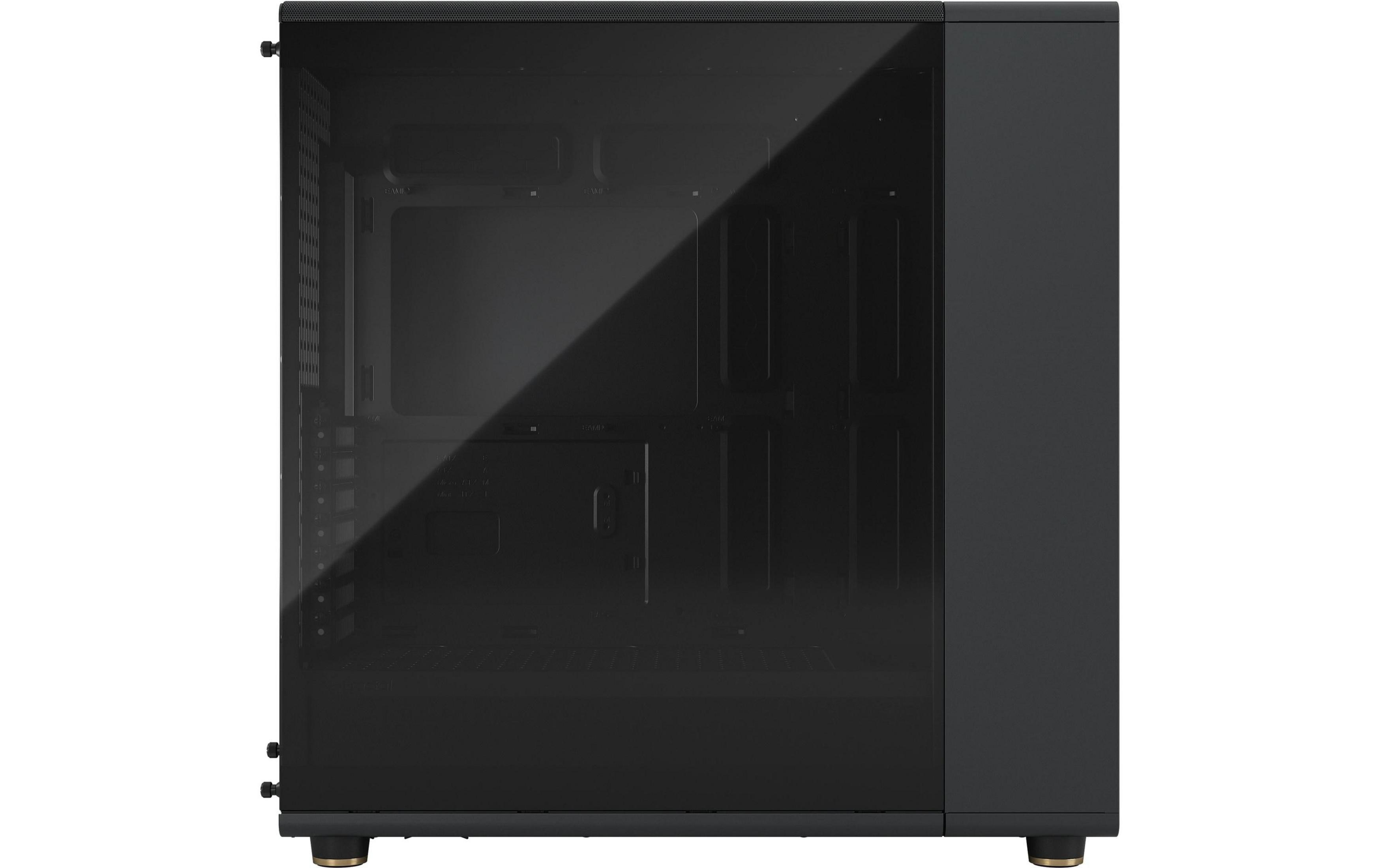 Schwarzes Computergehäuse mit Glasfront und Lufteinlässen oben.