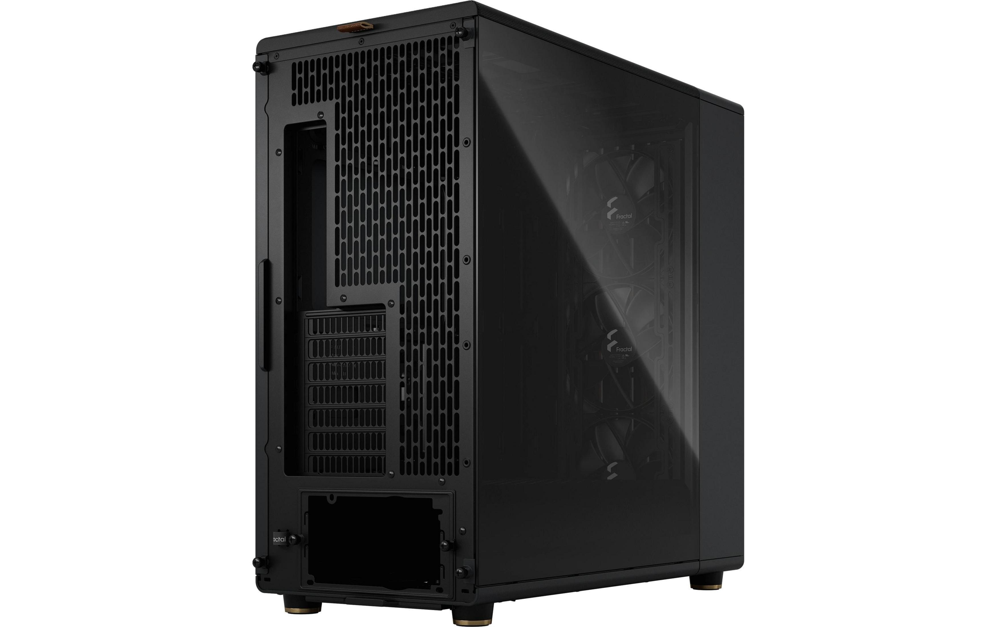 Schwarzes Computergehäuse mit Glasfront und Lüftern.