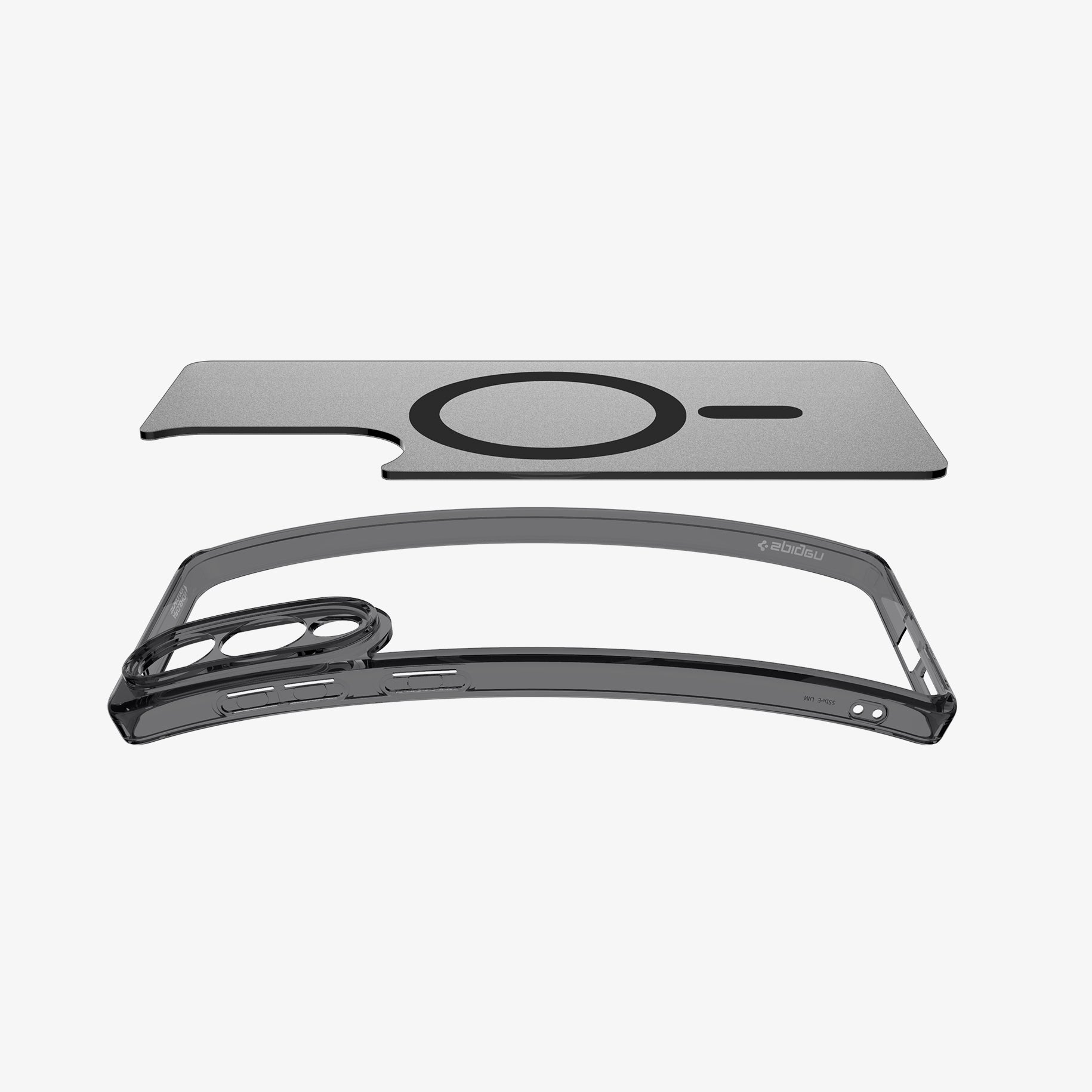 Cadre de téléphone gris avec un anneau MagSafe circulaire au-dessus.