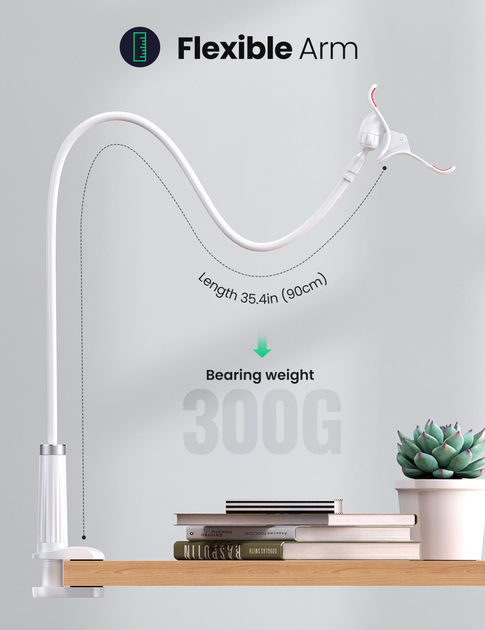 Białe, elastyczne ramię z podstawą zaciskową, pokazuje długość i wagę.