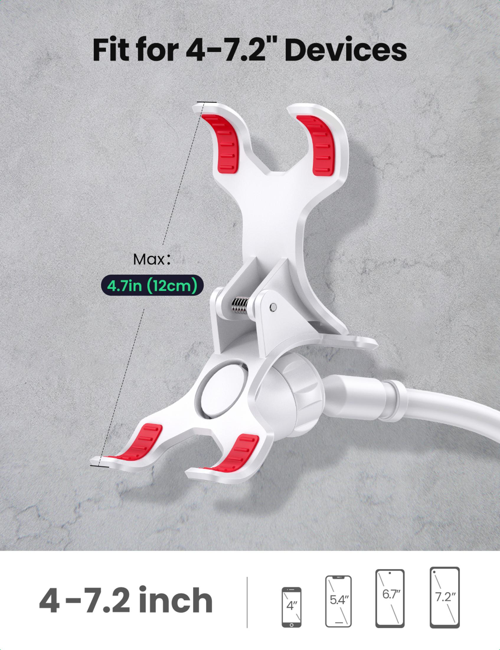 Biały uchwyt na telefon z czerwonymi akcentami, pasuje do urządzeń 4-7,2 cala.