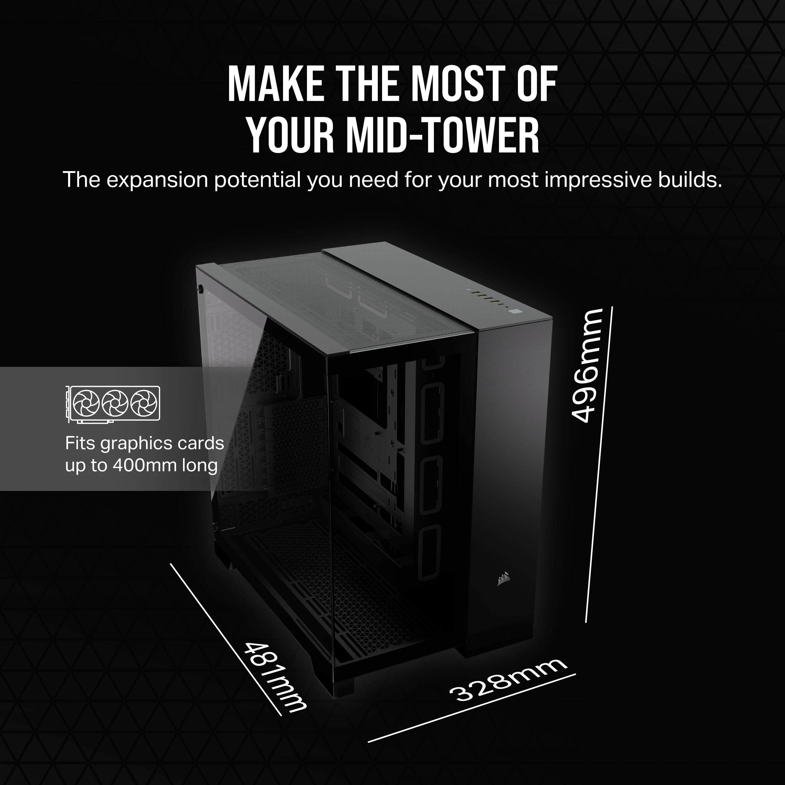 Caja de PC negra de 481x328x496mm. Admite tarjetas gráficas de hasta 400mm.