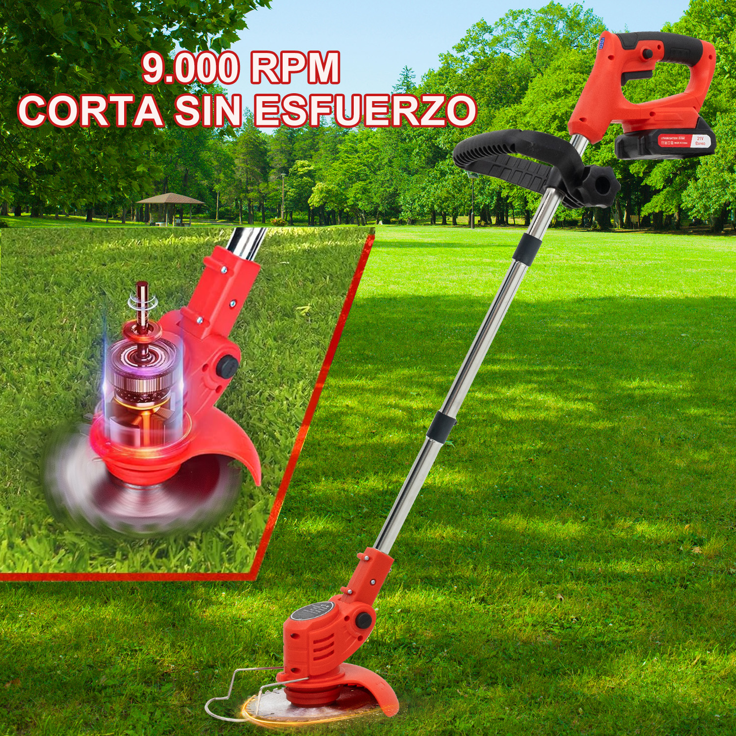 Un cortabordes a batería rojo sobre césped verde, con detalle del motor en un recuadro.