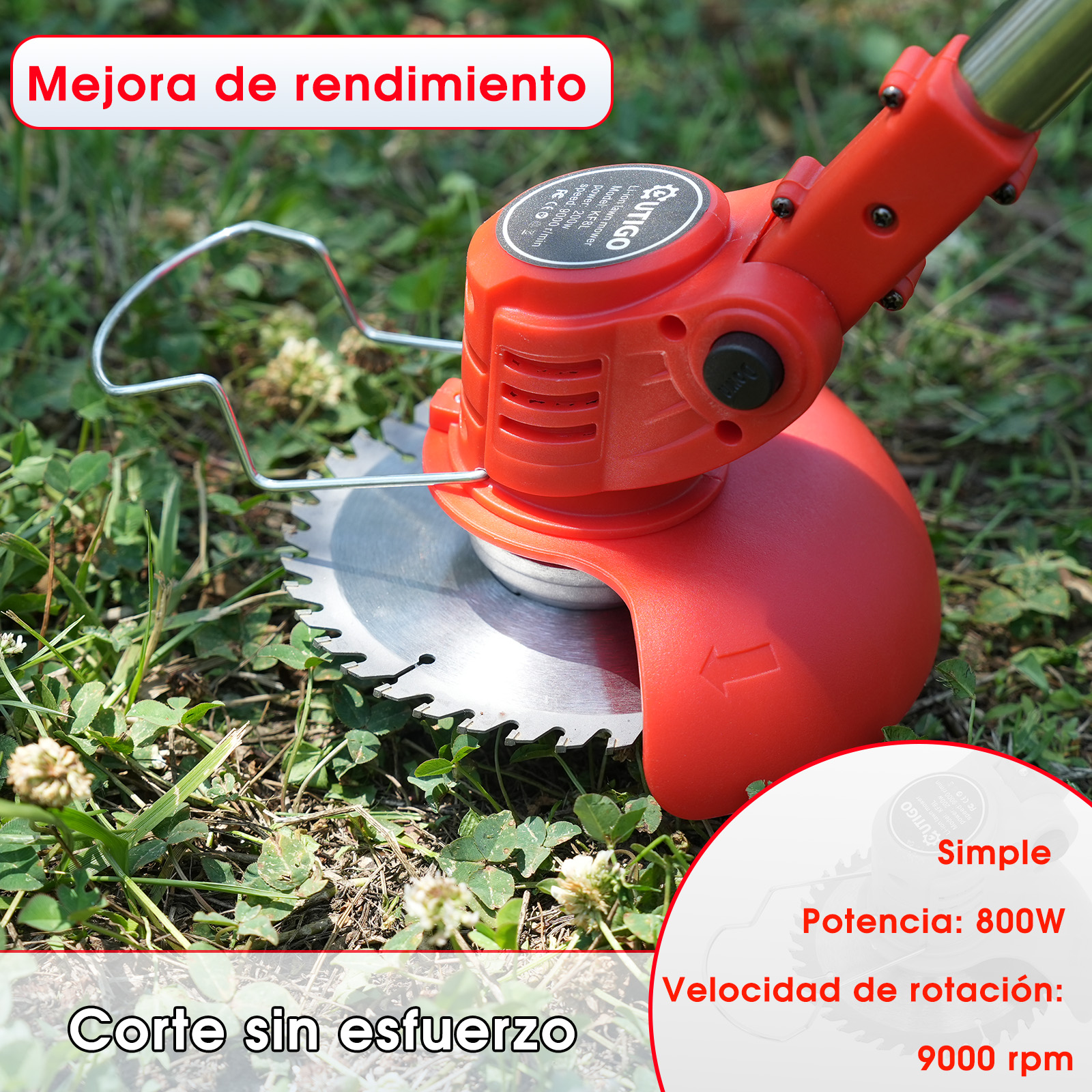 Un cortabordes rojo con hoja de sierra descansa sobre césped. Se muestran especificaciones.