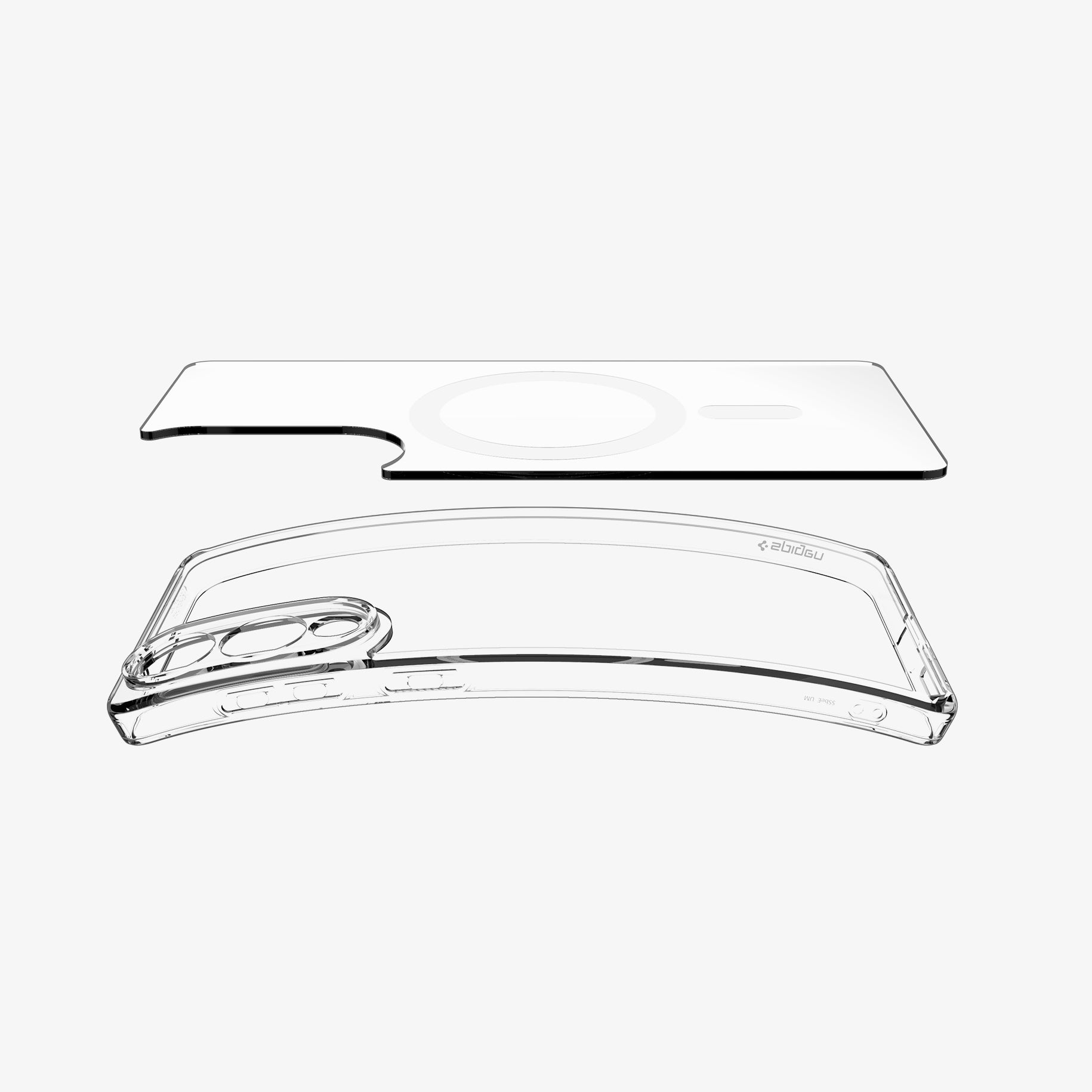 Doorzichtige telefoonhoes en screenprotector op witte achtergrond.