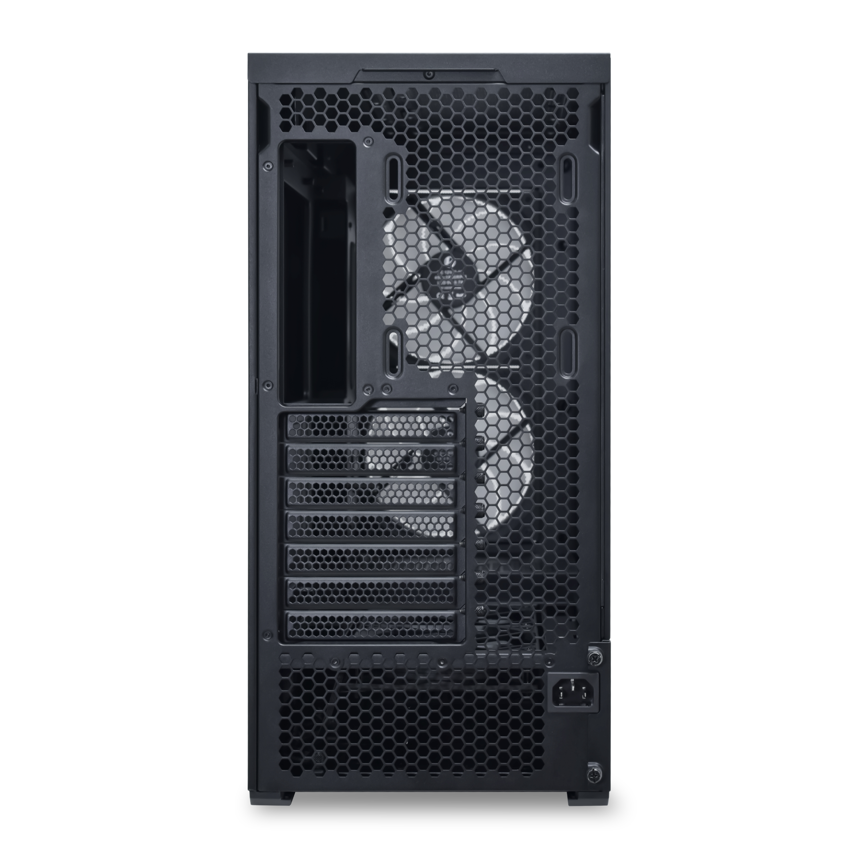 Rückseite eines schwarzen Computergehäuses mit Lüftern und Anschlüssen.