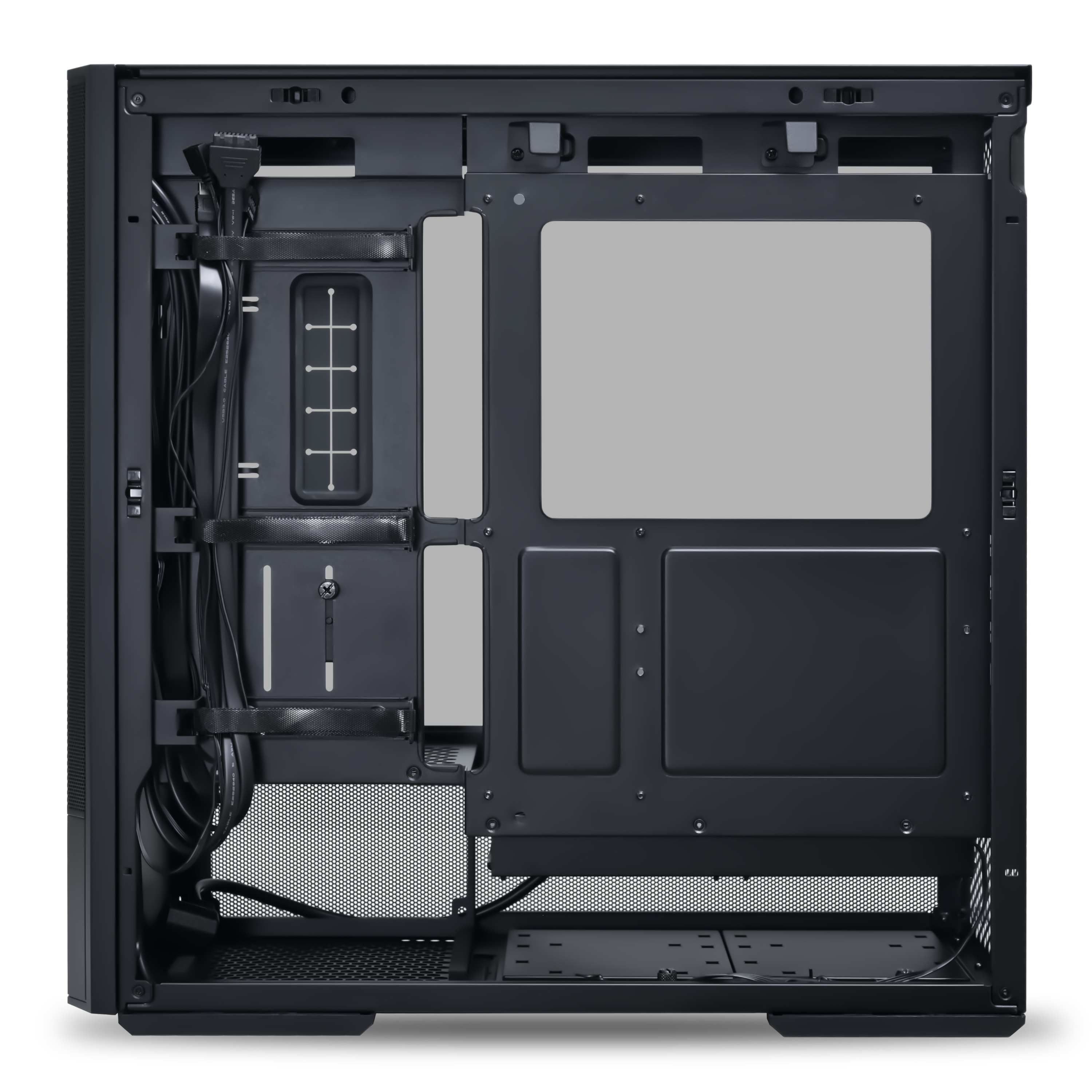 Rückseite eines schwarzen Computergehäuses mit Kabelmanagement und Lüftergittern.