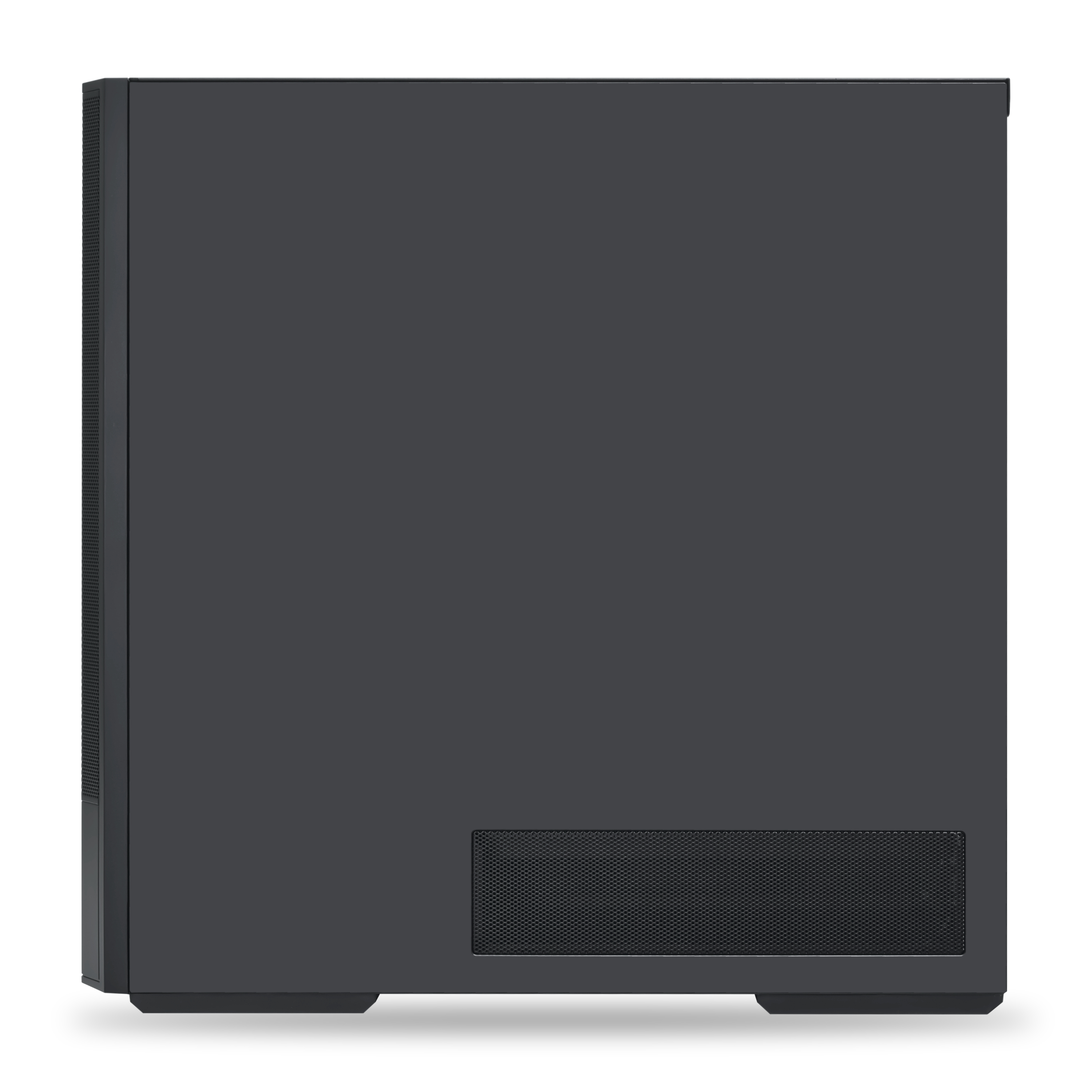 Schwarzer Computergehäuse mit Lüftungsgitter unten rechts.