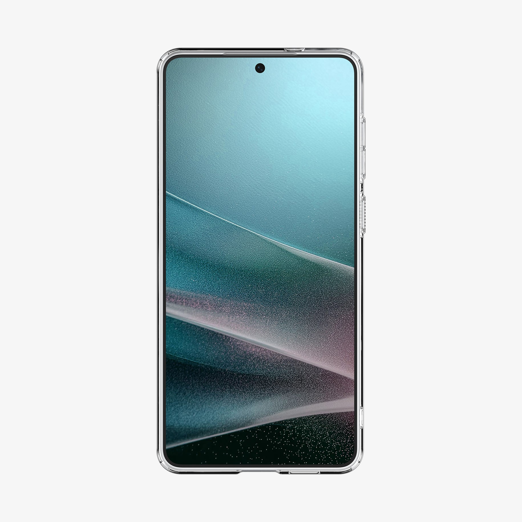 Een doorzichtige telefoonhoes op een smartphone met abstracte blauwe en roze achtergrond.