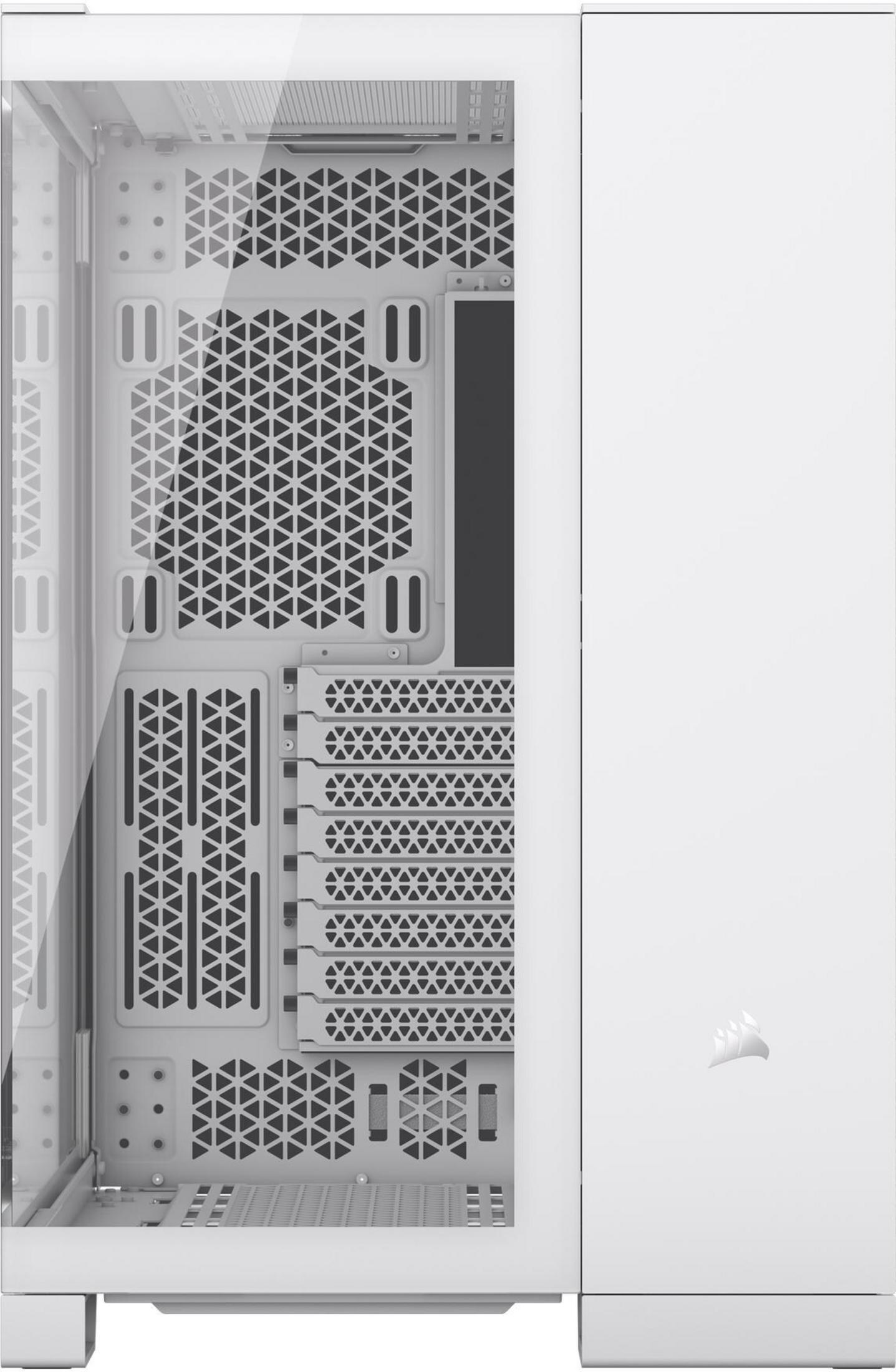 Caja de ordenador blanca con panel lateral de vidrio que muestra componentes internos y ventilación.