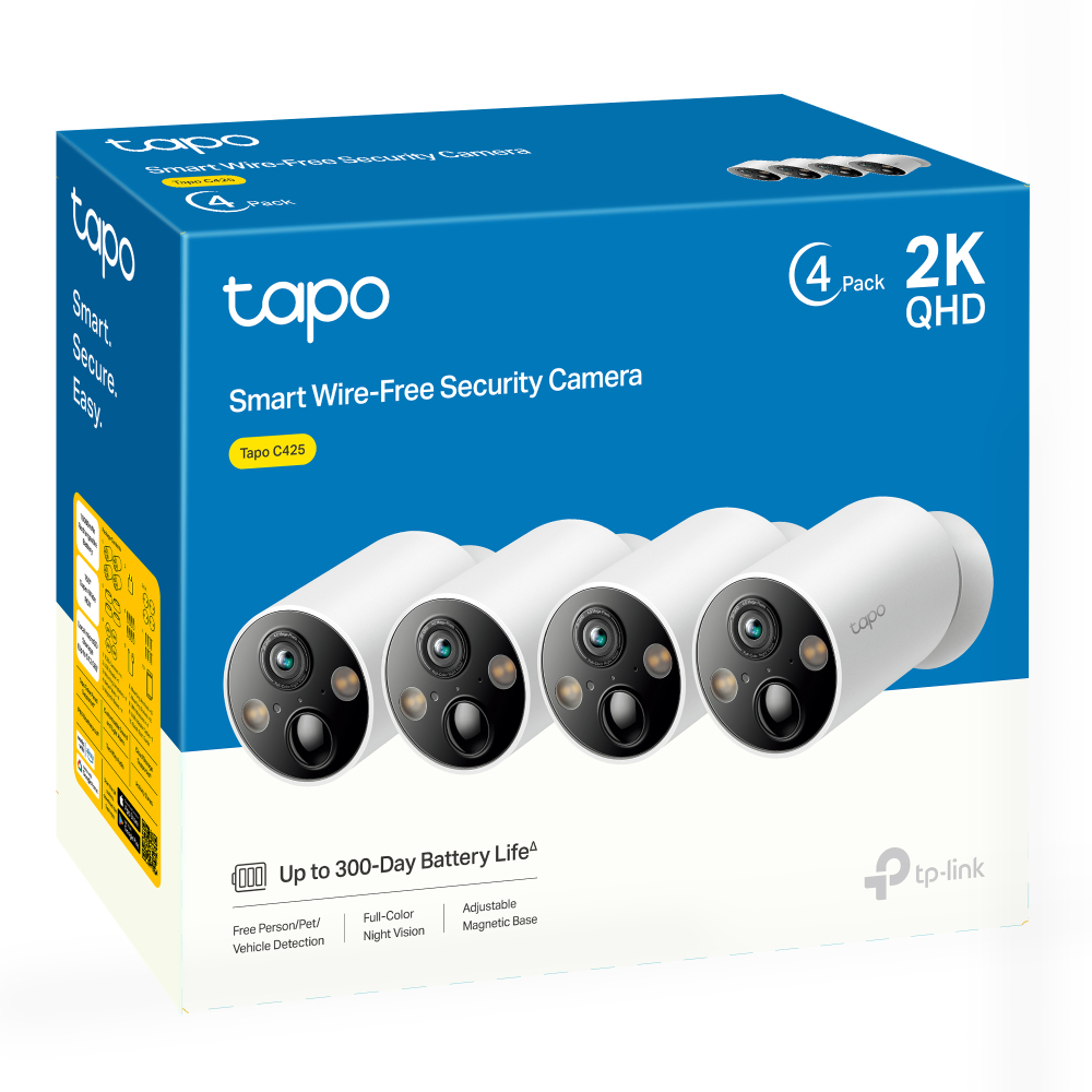 Verpackung für 4 weiße Tapo C425 2K QHD Smart Kameras mit Akku.