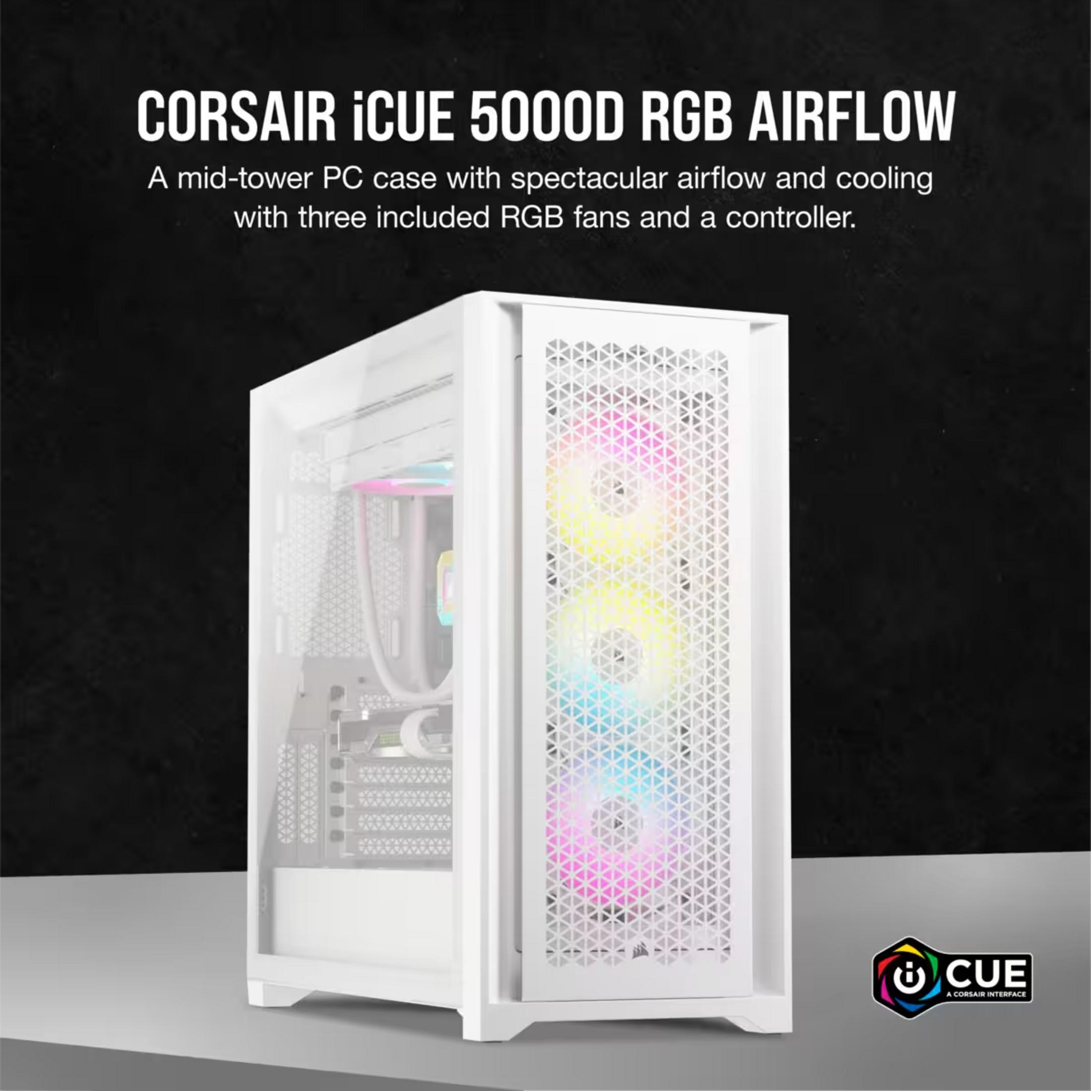 Biała obudowa PC Corsair z wentylatorami RGB i siatkowym frontem.