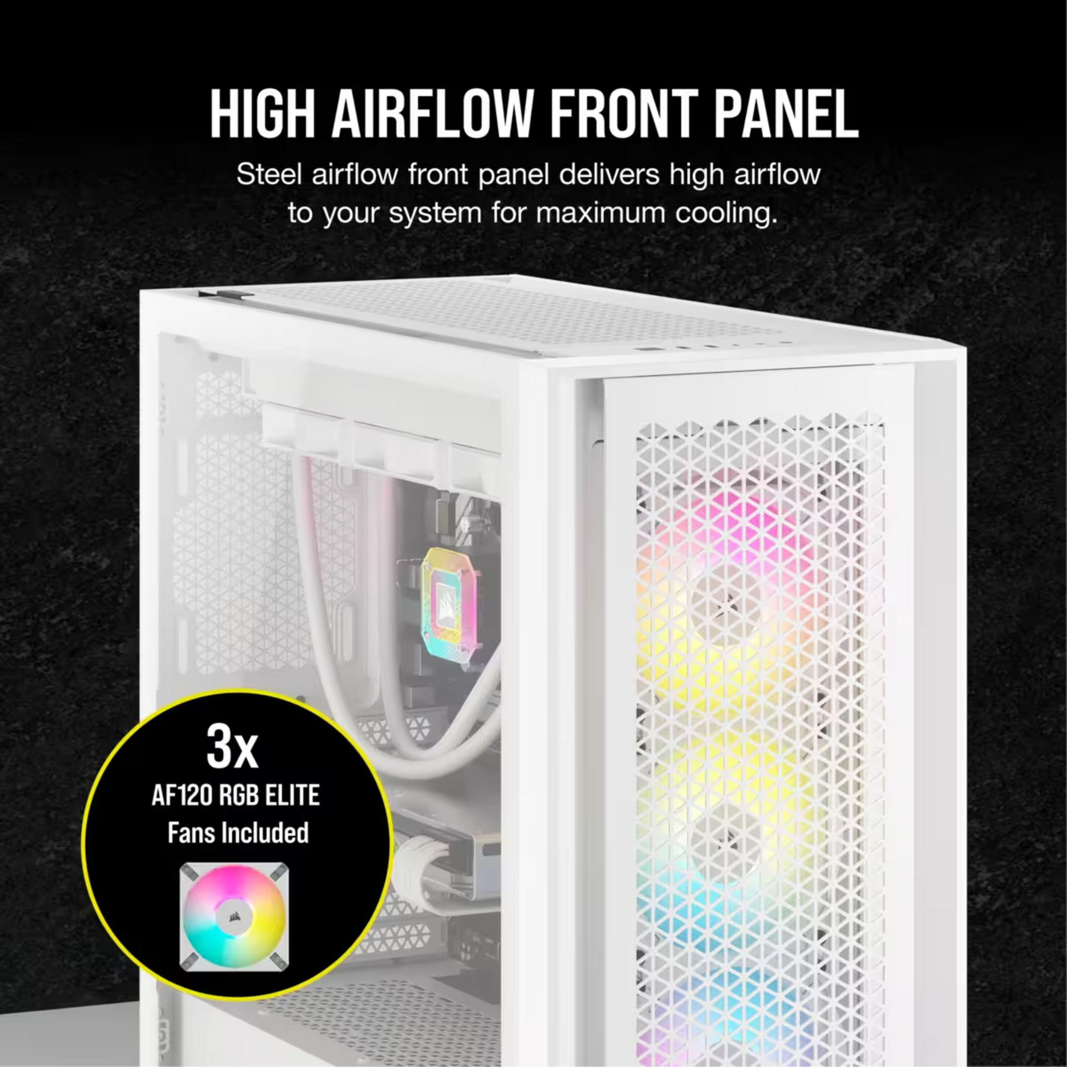 Biała obudowa komputera z wentylatorami RGB i napisem 'High Airflow Front Panel'.