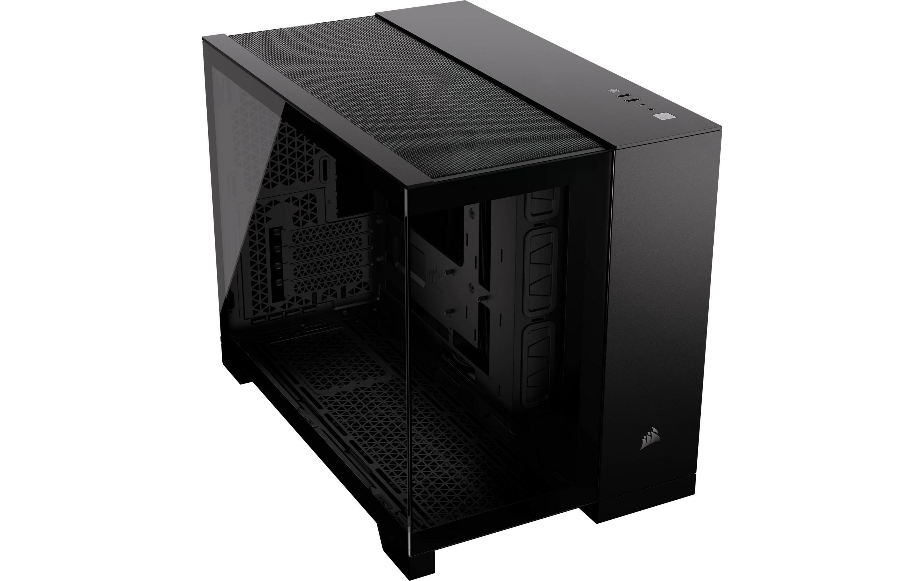 Czarna obudowa komputera z szklanym panelem bocznym i siatkowym topem.
