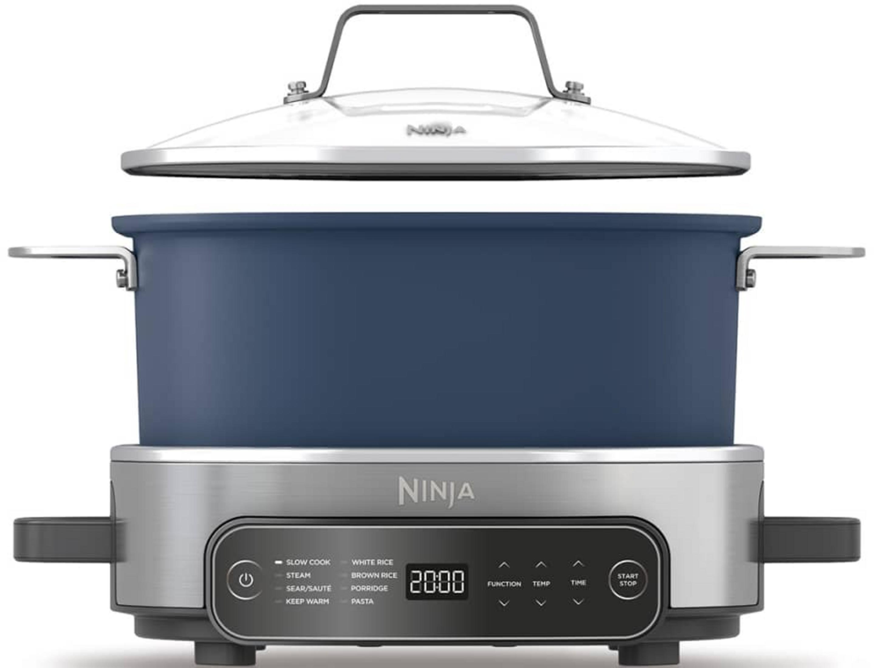 A blue cooking pot with a silver lid and control panel.
