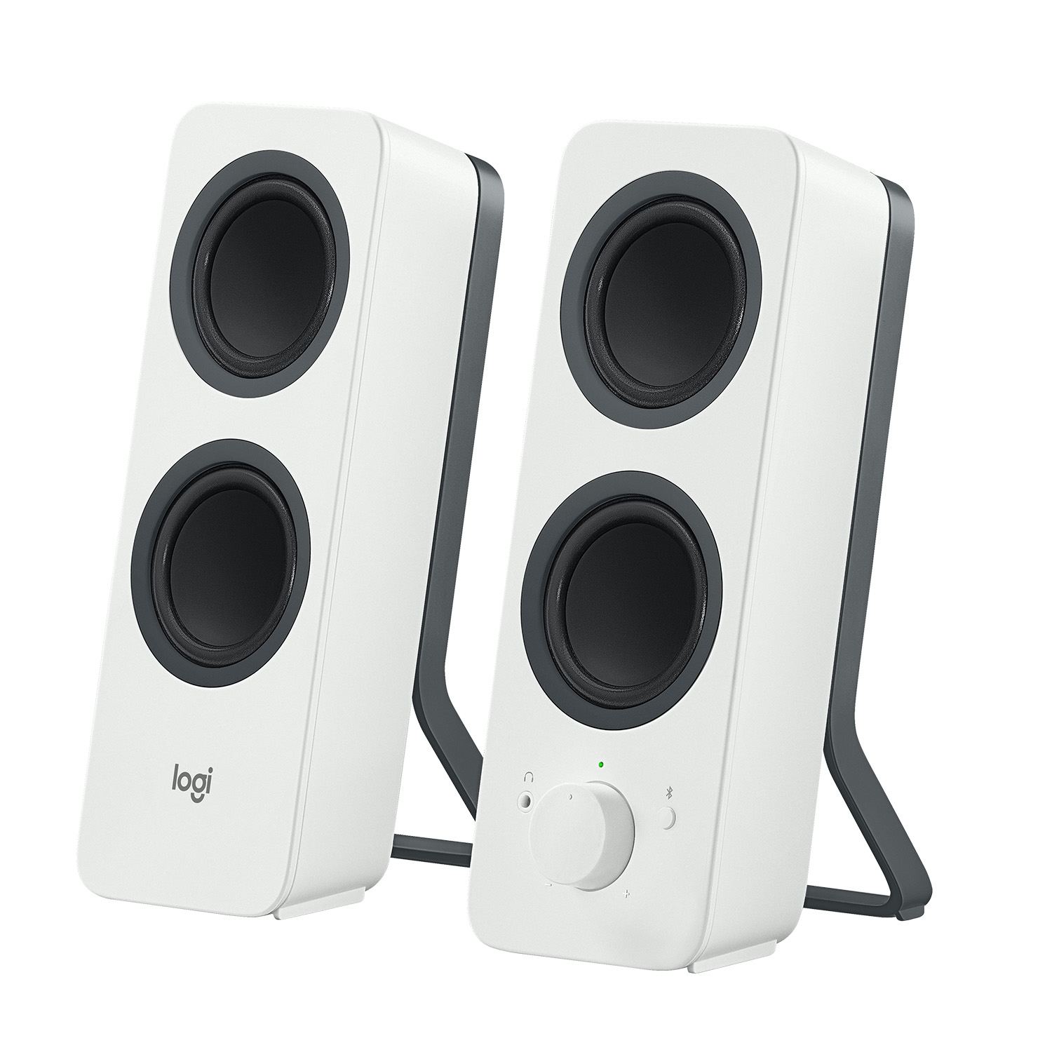 Se muestran dos altavoces Logitech blancos con conos negros y soportes grises.