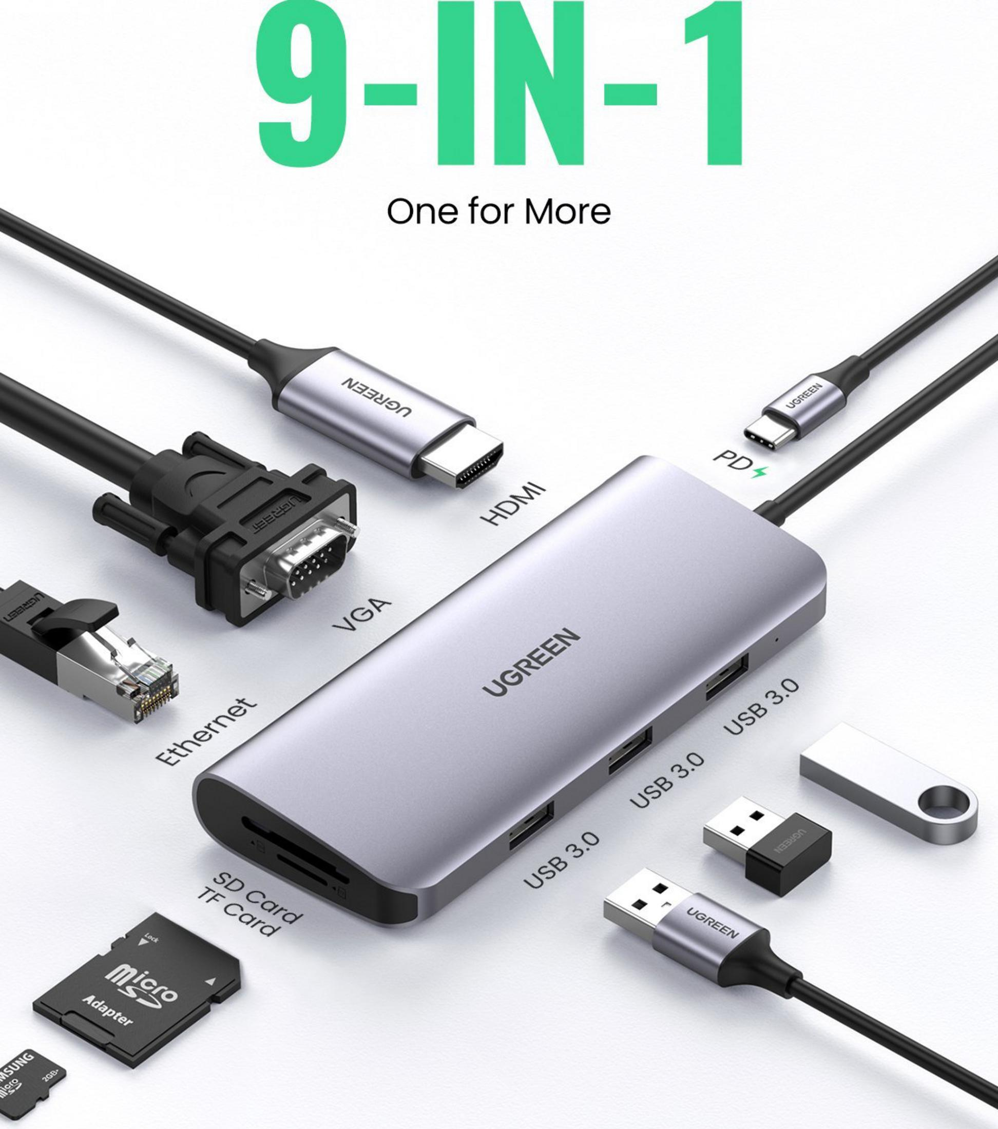 A silver 9-in-1 USB-C hub featuring VGA, HDMI, Ethernet, SD/TF card slots.