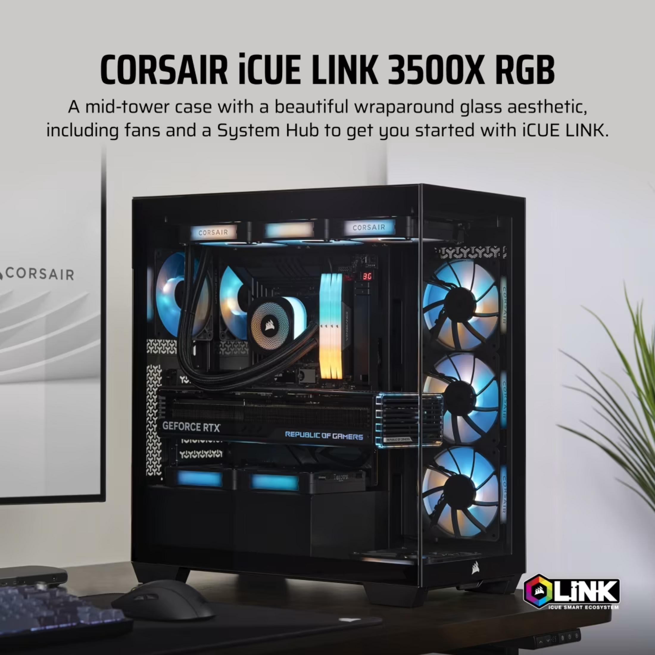 Ein schwarzes PC-Gehäuse mit Glasfront, beleuchteten Lüftern und Komponenten.