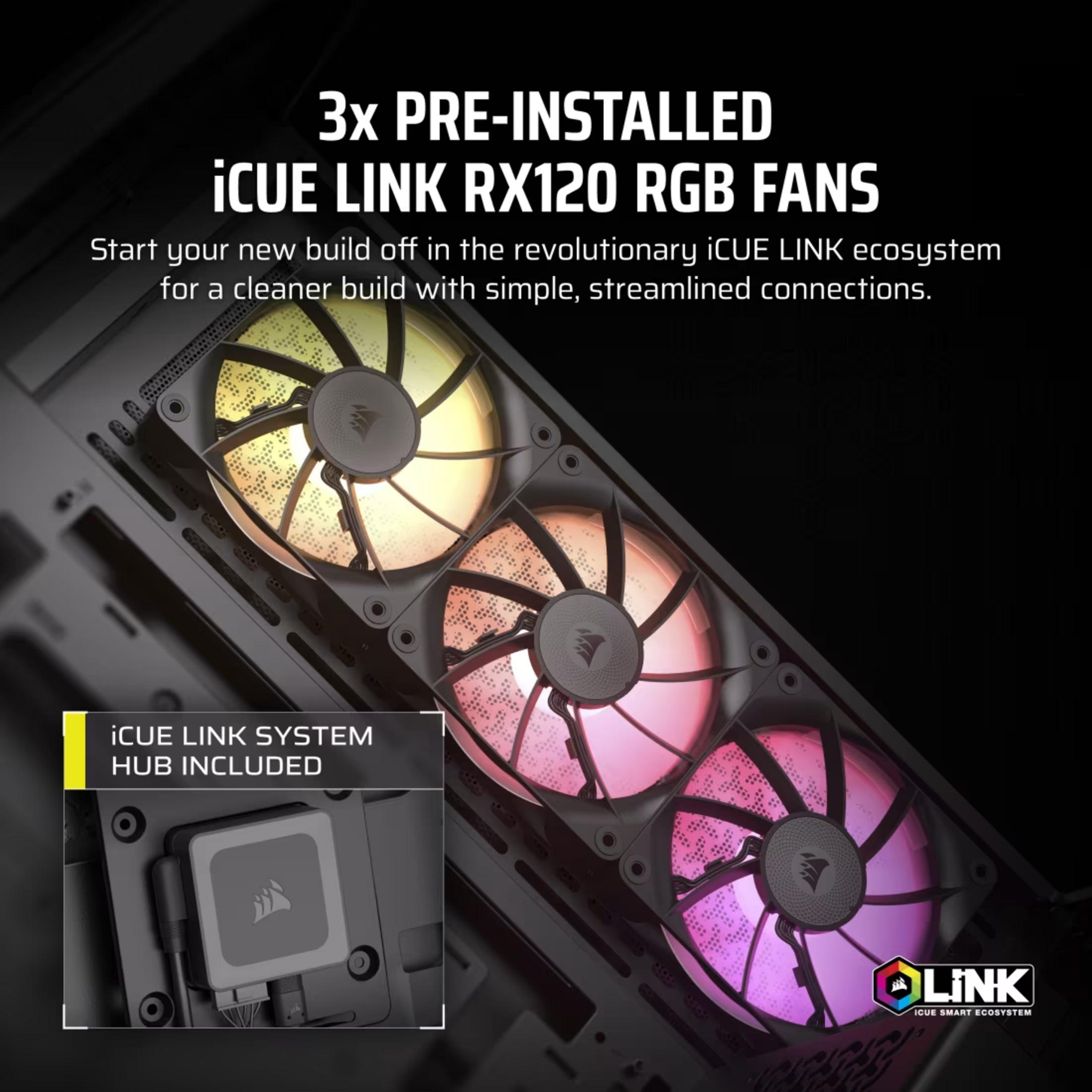 Drei RGB-Lüfter mit iCUE LINK RX120 und ein System-Hub.