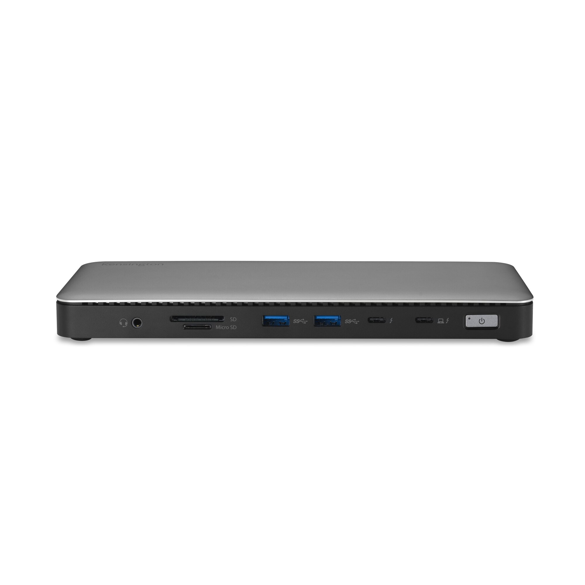 Gray Kensington hub with SD/MicroSD slots, USB ports, and power button.