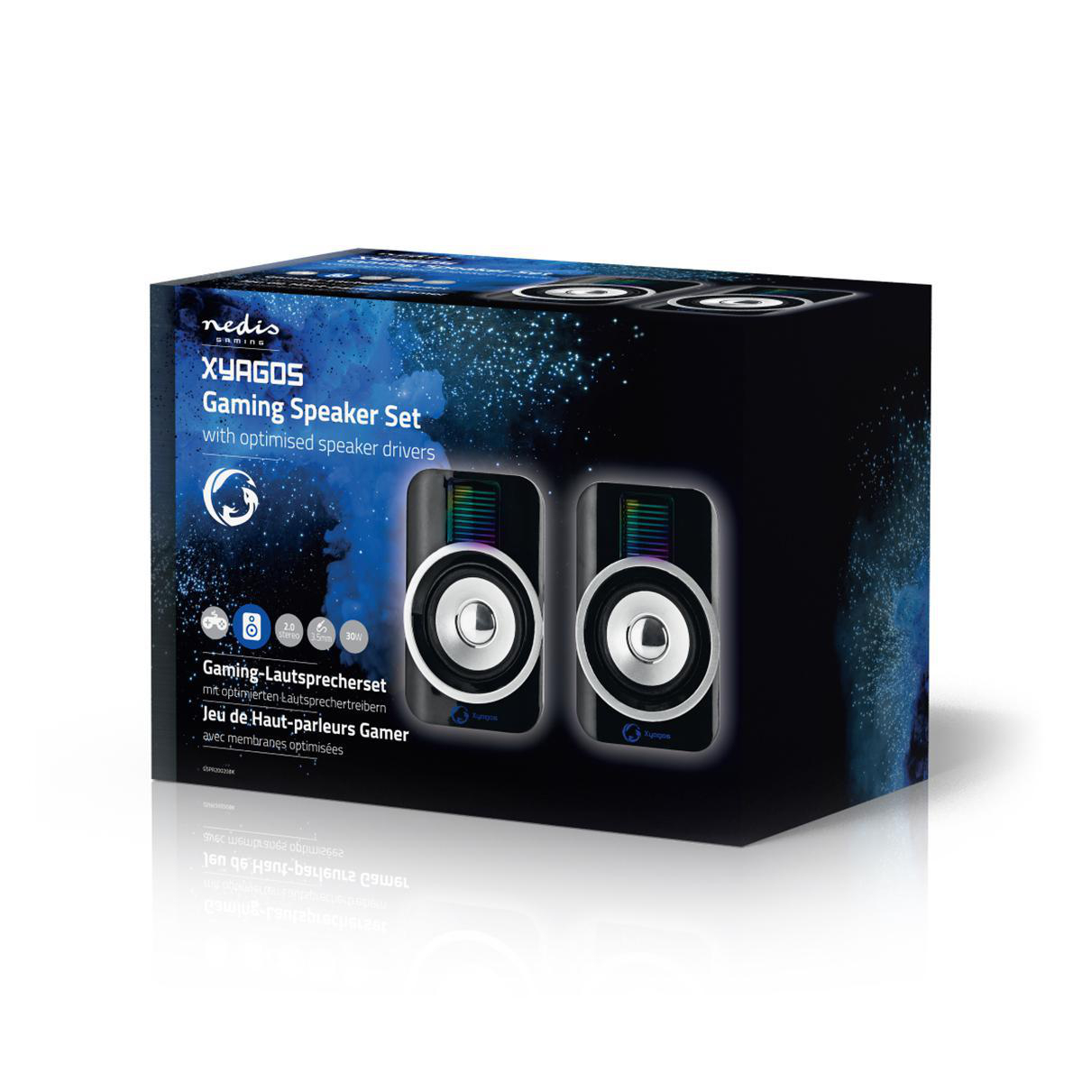 Emballage d'un set d'enceintes gamer Nedis XYAGOS avec deux enceintes.