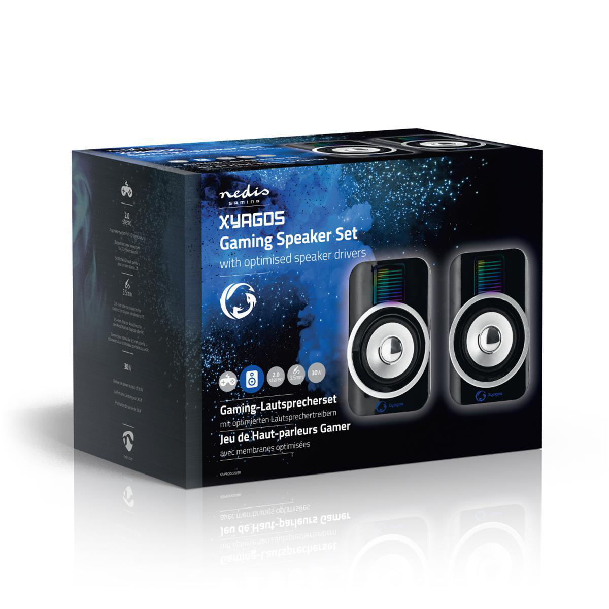 Boîte d'un Nedis XYAGOS Gaming Speaker Set avec deux haut-parleurs.