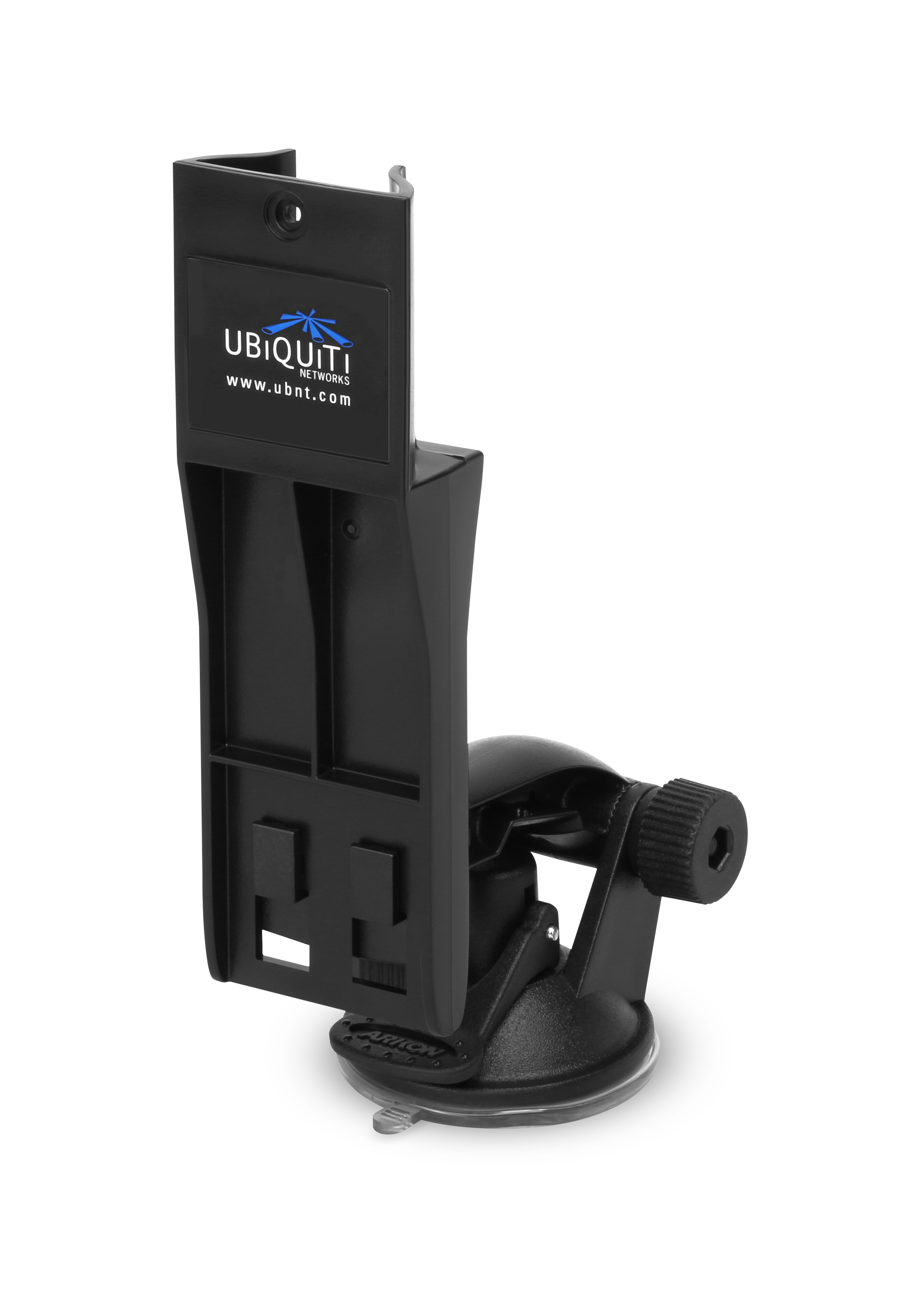 Schwarzer Saugnapfhalter mit Ubiquiti-Logo und Website-Adresse.