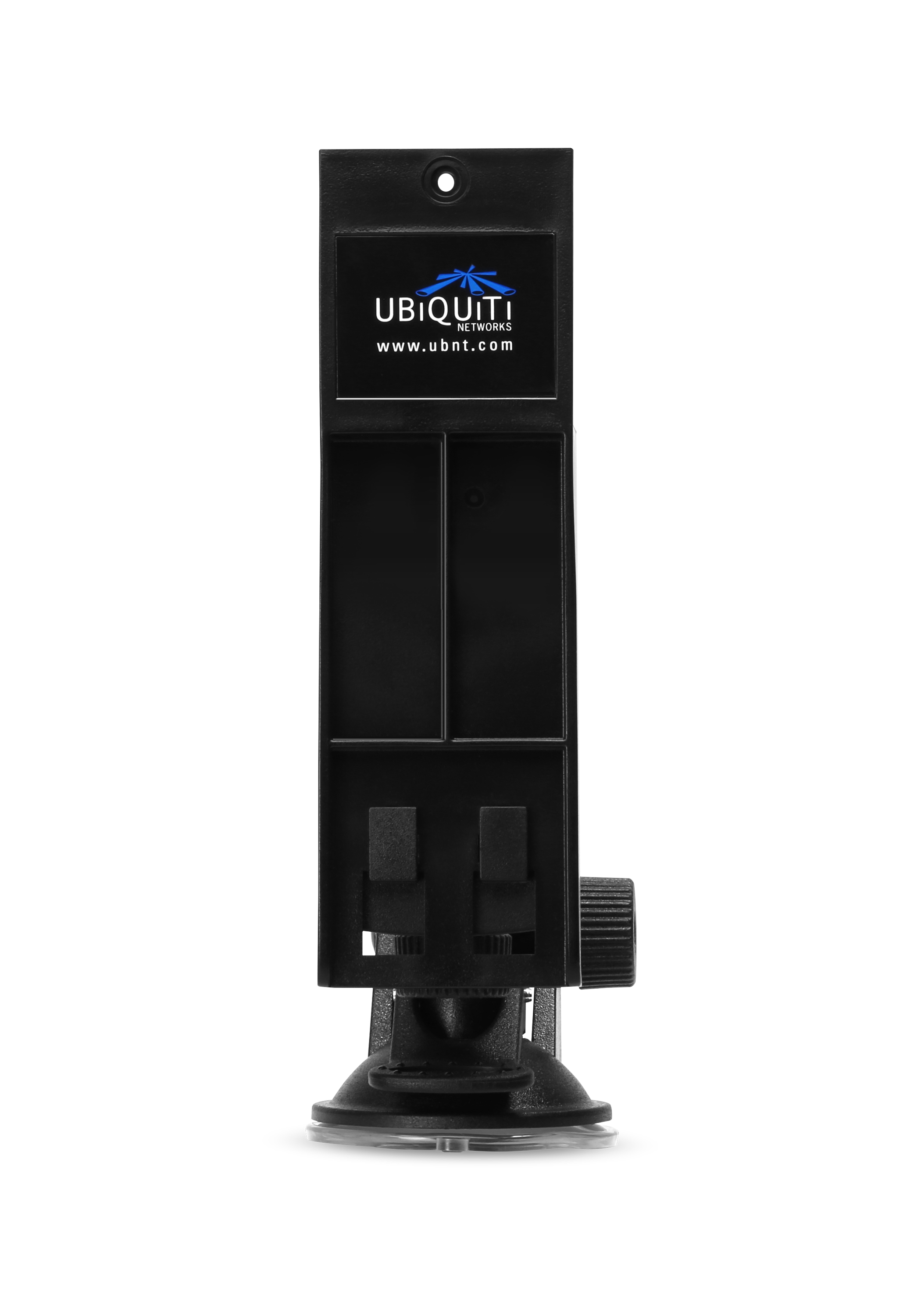 Schwarzer Ubiquiti-Halter mit Saugnapf und Logo.