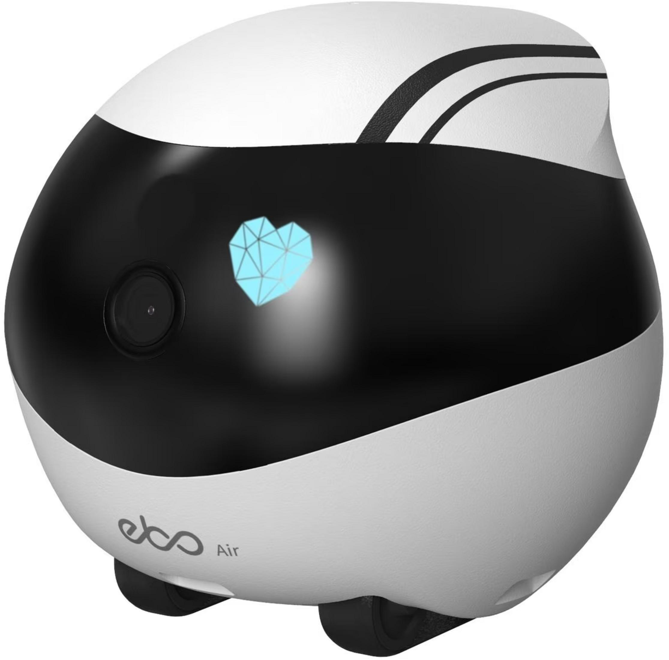 Biały i czarny robot z niebieską ikoną serca na twarzy i kołami.