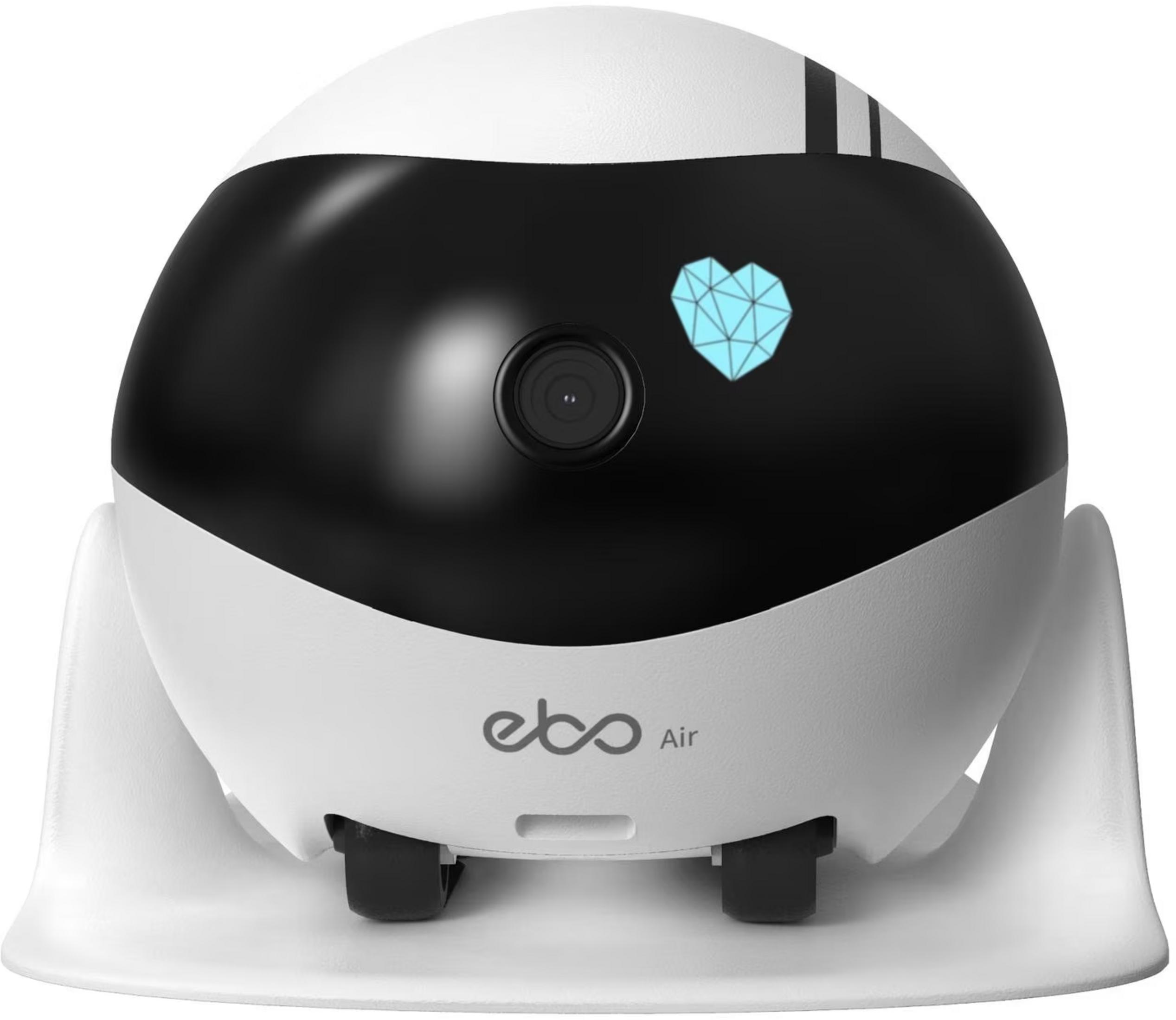 Biały i czarny robot z niebieskim symbolem serca na ekranie.