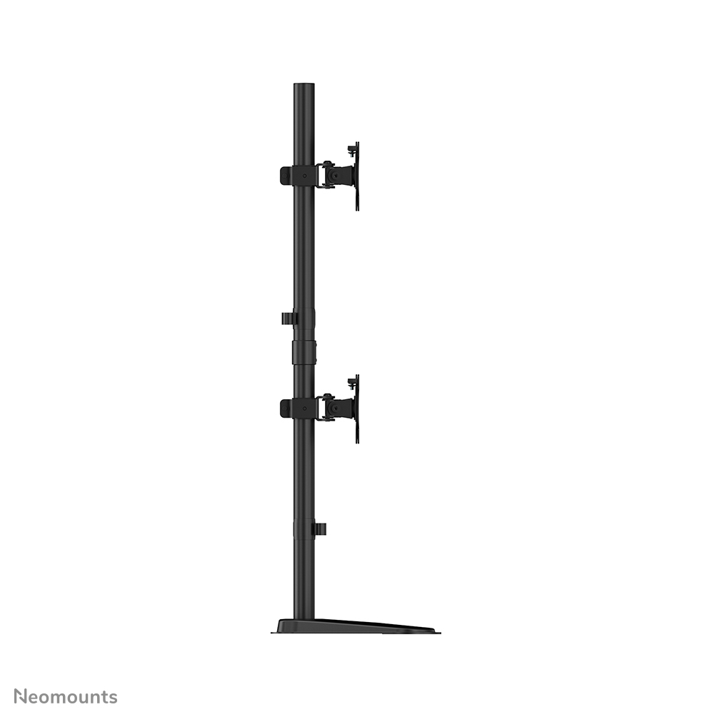 A black dual-monitor stand with a flat base.