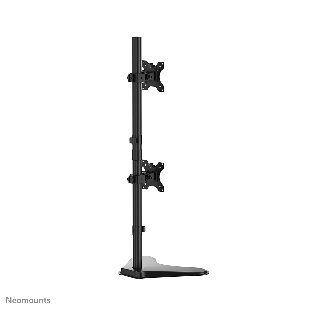 A black monitor stand with two mounts, stacked vertically one above the other.