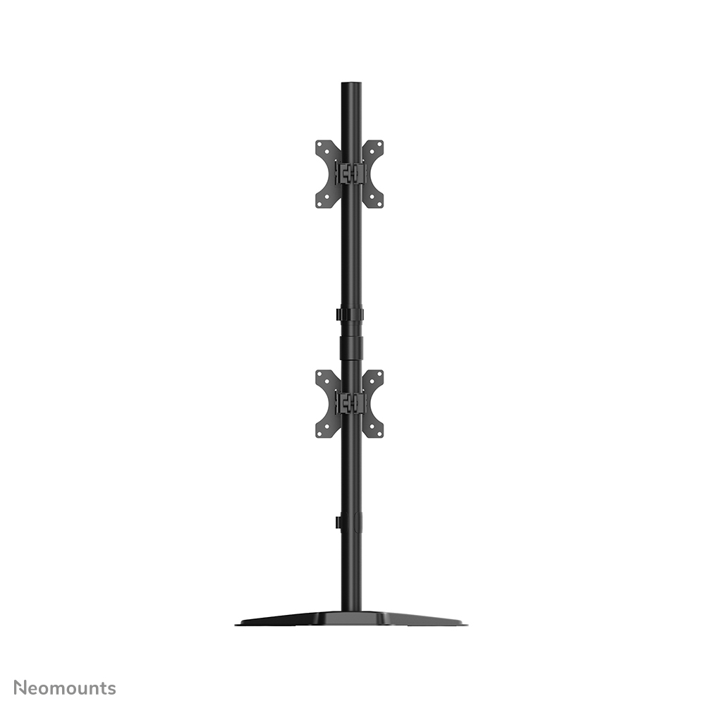 A black, dual-monitor adjustable stand with a flat base.