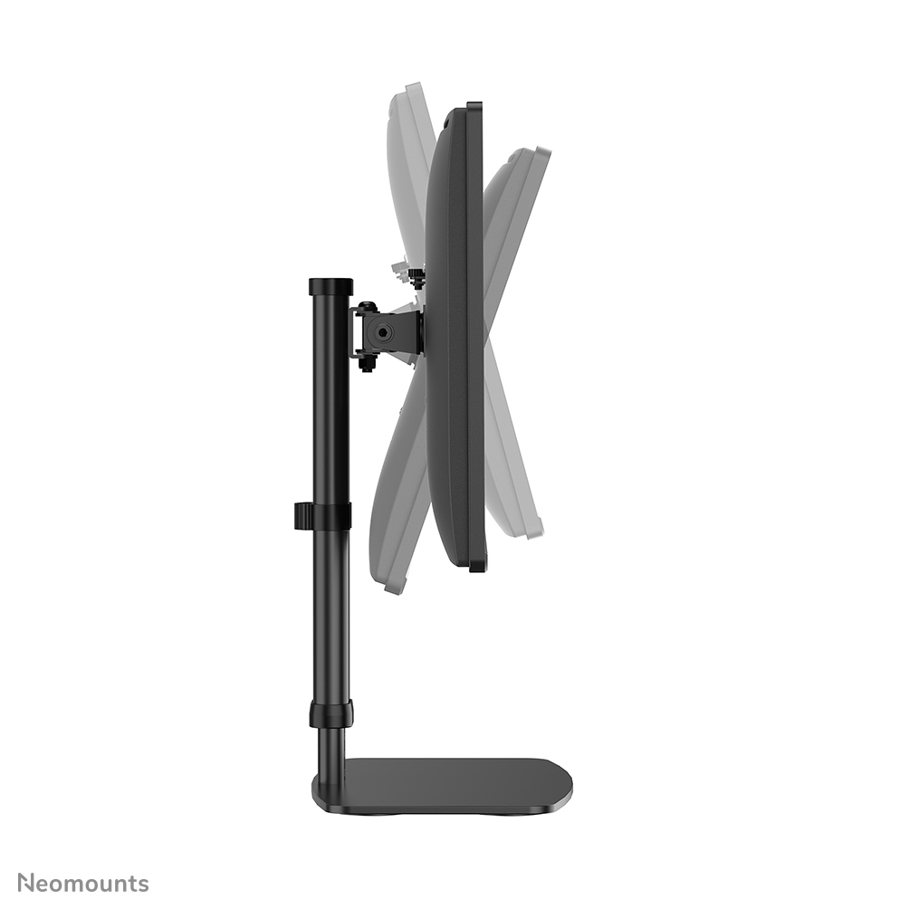 A black monitor on an adjustable stand with a flat base, viewed from the side.